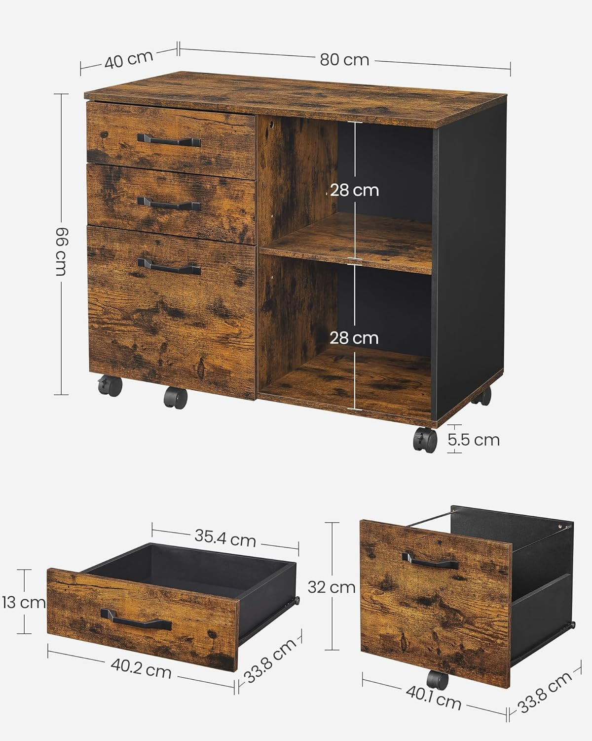 Dulap mobil tip rollbox pentru birouri, sertar cu sina suport dosare, stil industrial, 40x80x66 cm, maro rustic — imaginea 7