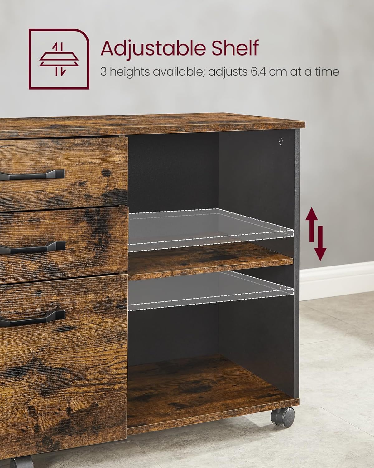 Dulap mobil tip rollbox pentru birouri, sertar cu sina suport dosare, stil industrial, 40x80x66 cm, maro rustic — imaginea 8