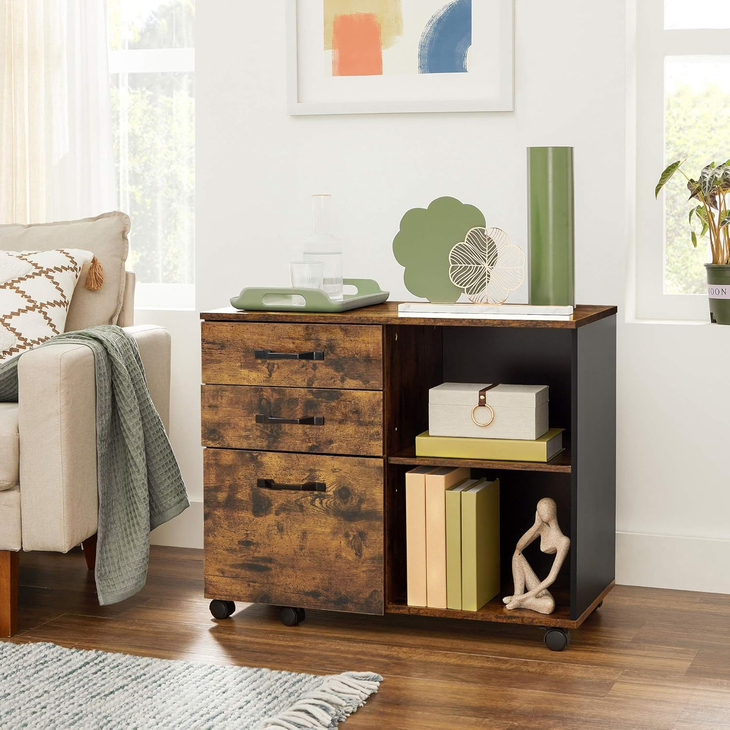 Dulap mobil tip rollbox pentru birouri, sertar cu sina suport dosare, stil industrial, 40x80x66 cm, maro rustic — imaginea 10