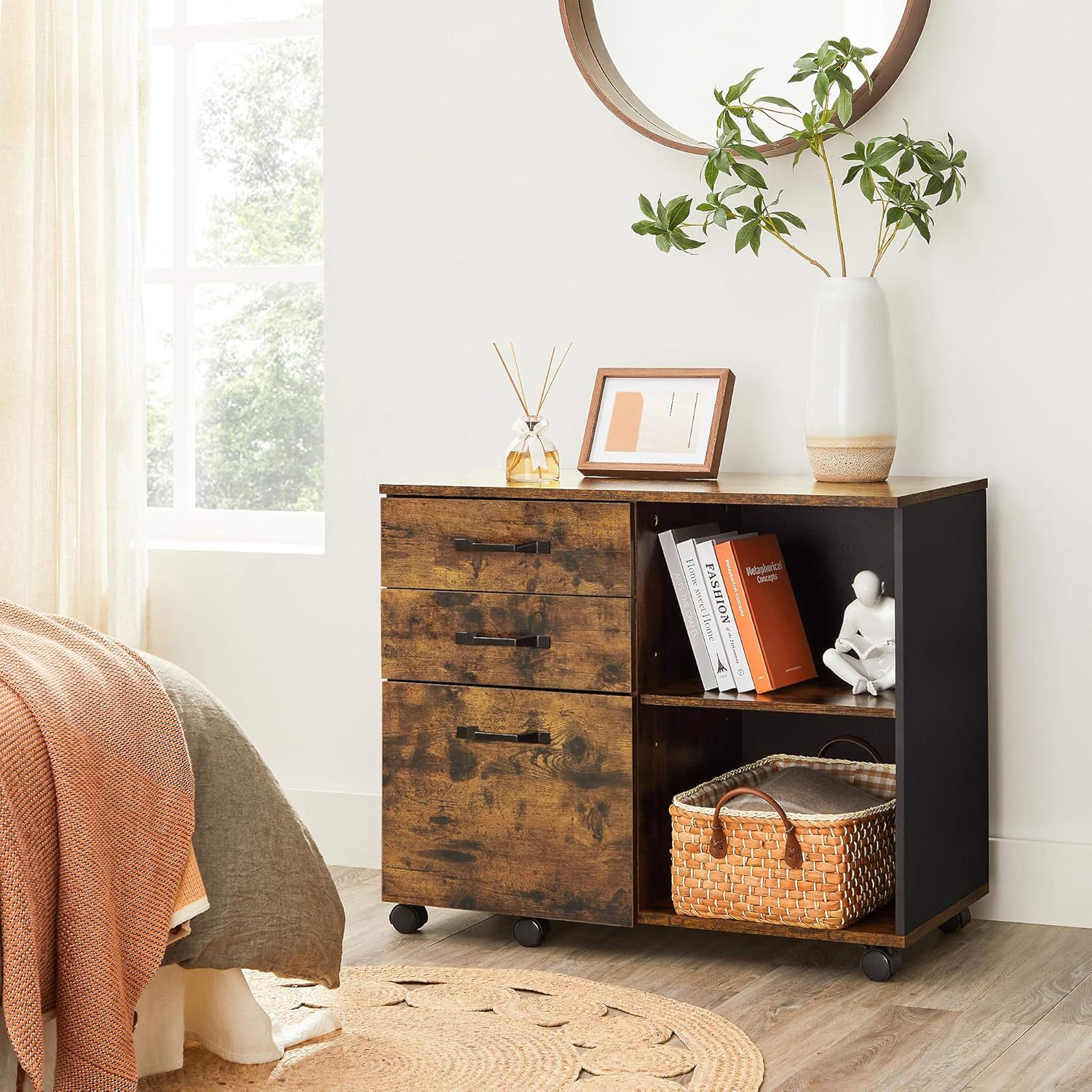 Dulap mobil tip rollbox pentru birouri, sertar cu sina suport dosare, stil industrial, 40x80x66 cm, maro rustic — imaginea 11