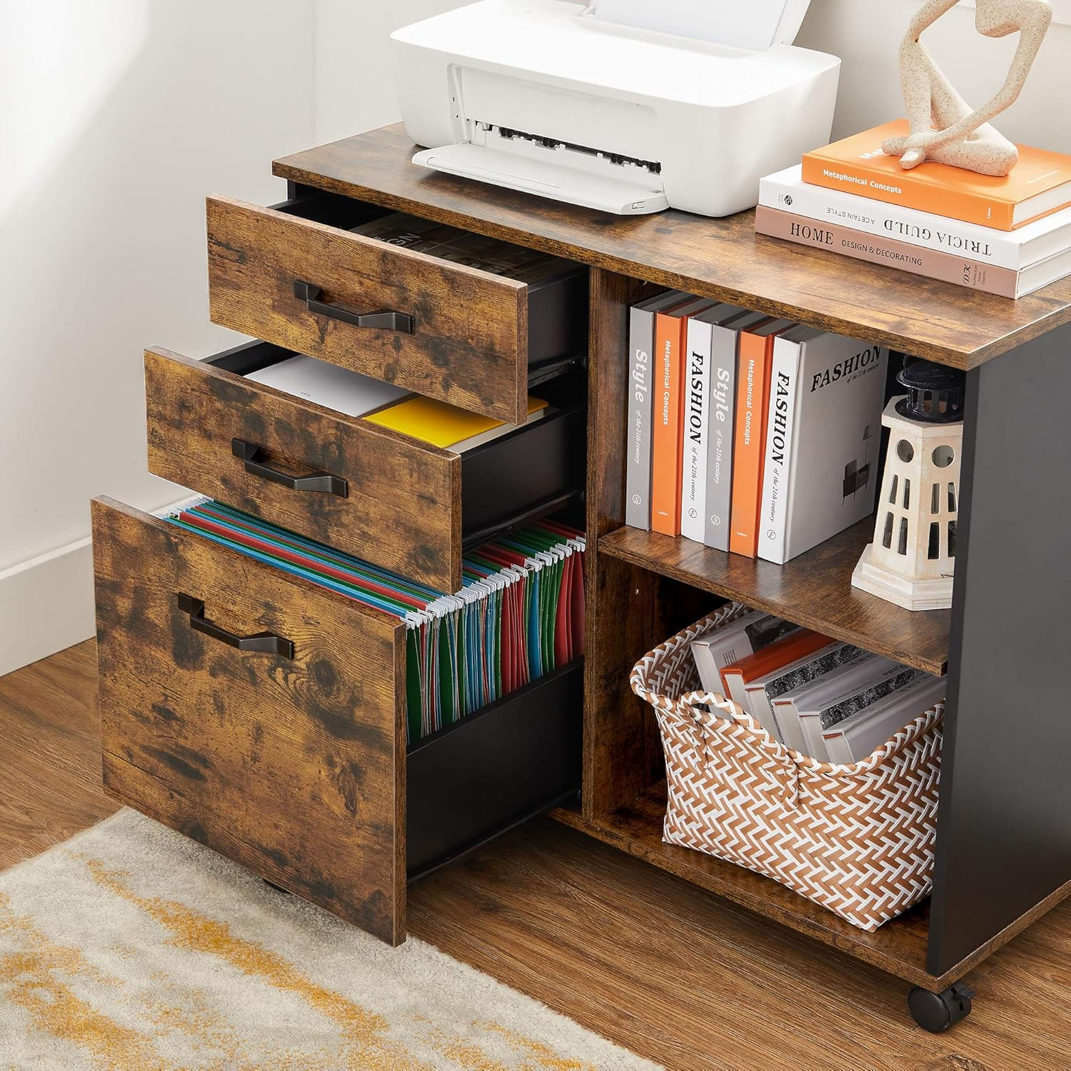 Dulap mobil tip rollbox pentru birouri, sertar cu sina suport dosare, stil industrial, 40x80x66 cm, maro rustic — imaginea 12