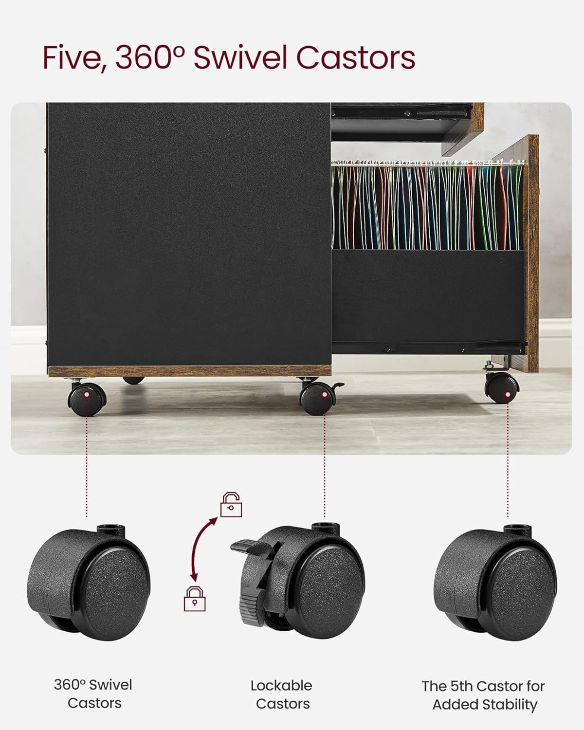 Dulap mobil tip rollbox pentru birouri, sertar cu sina suport dosare, stil industrial, 40x80x66 cm, maro rustic — imaginea 13