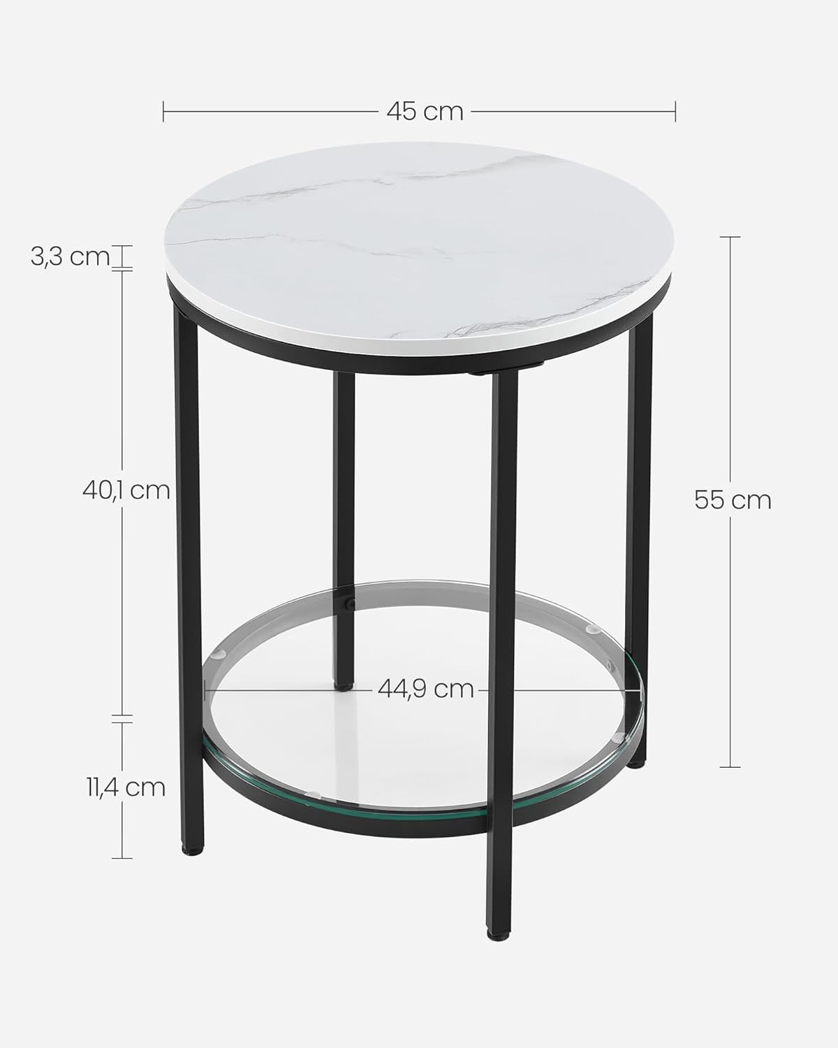 Masa rotunda, cu cadru de otel, noptiera, 45x55cm, negru cu blat alb aspect marmura — imaginea 4