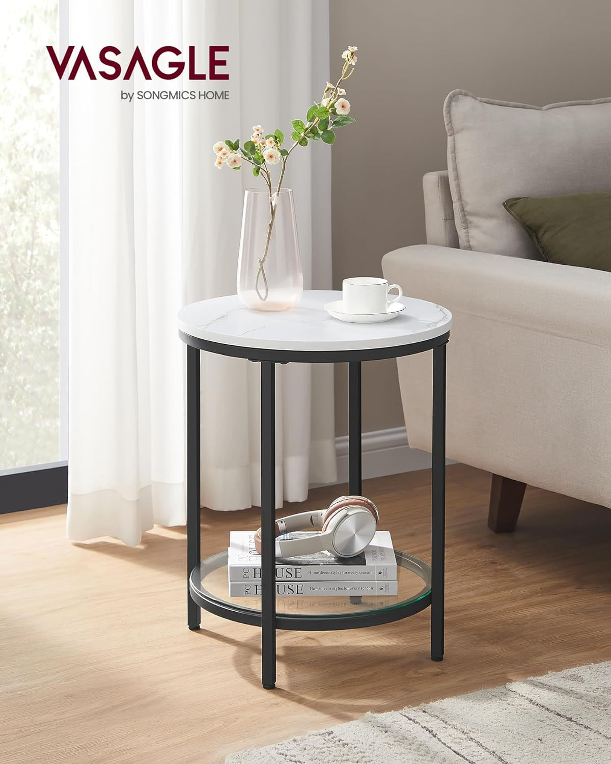 Masa rotunda, cu cadru de otel, noptiera, 45x55cm, negru cu blat alb aspect marmura — imaginea 10