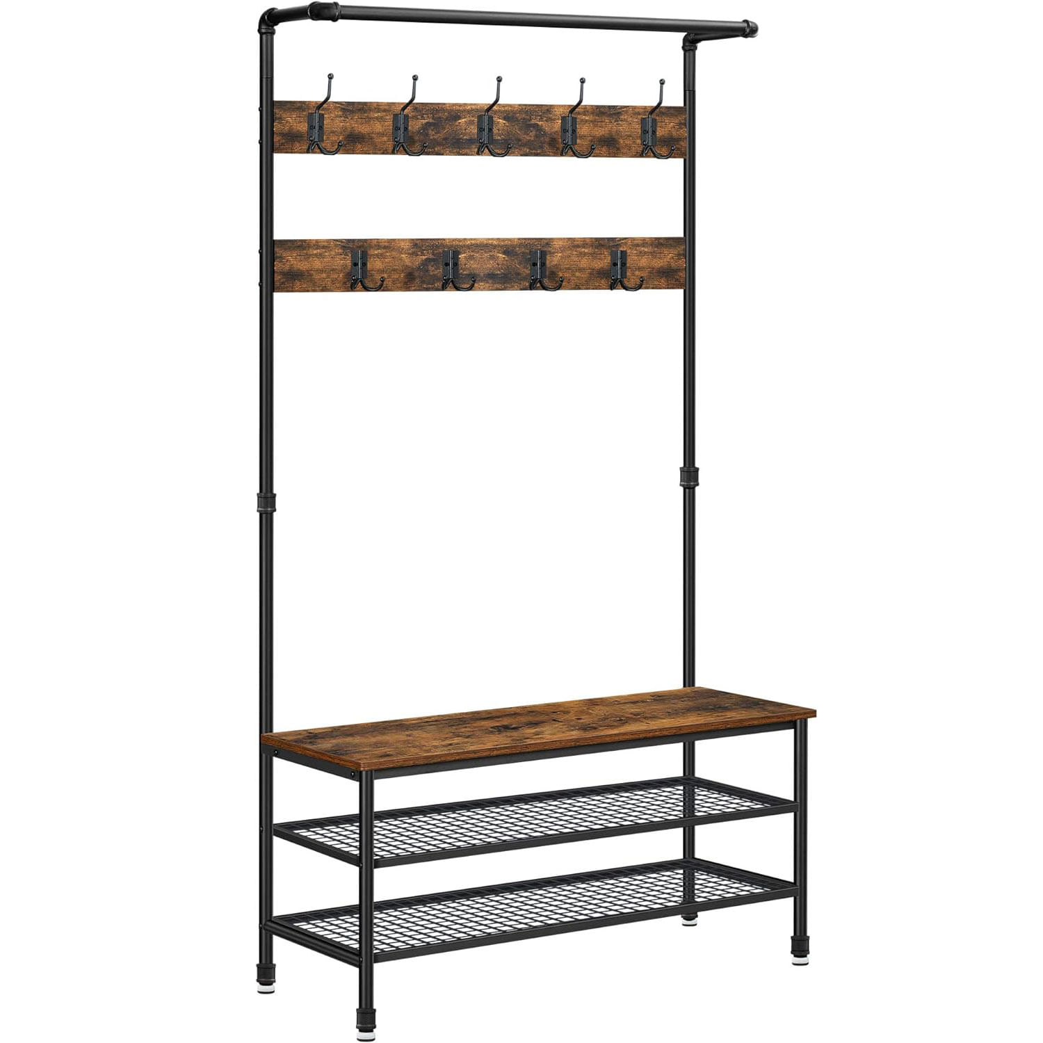 Cuier pentru haine cu 9 carlige si suport pentru pantofi, stil industrial, cadru din otel, 100x42x182 cm — imaginea 2