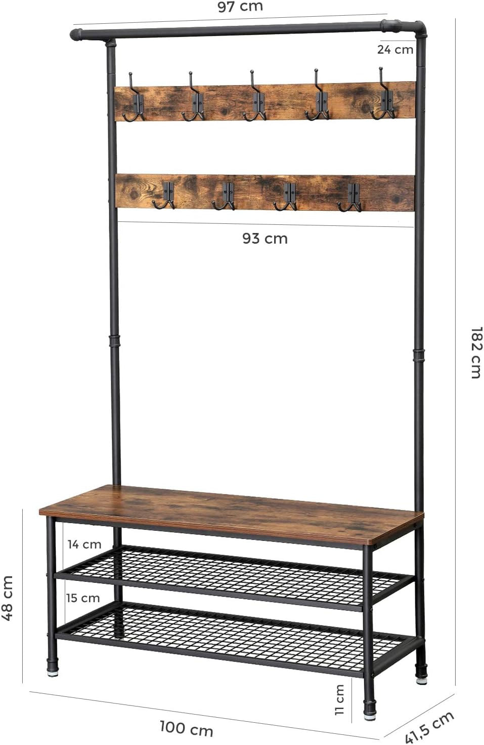 Cuier pentru haine cu 9 carlige si suport pentru pantofi, stil industrial, cadru din otel, 100x42x182 cm — imaginea 4