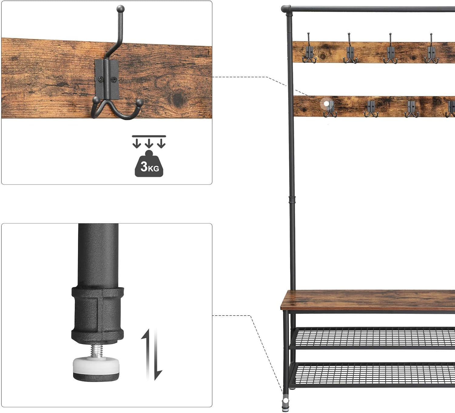 Cuier pentru haine cu 9 carlige si suport pentru pantofi, stil industrial, cadru din otel, 100x42x182 cm — imaginea 5