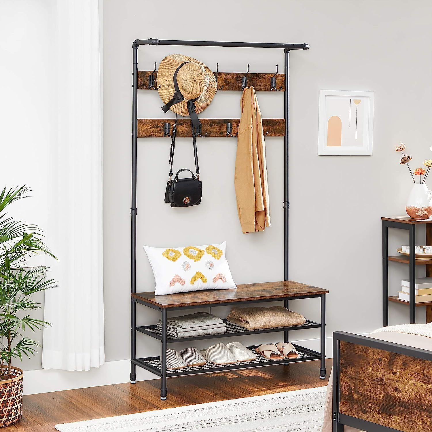 Cuier pentru haine cu 9 carlige si suport pentru pantofi, stil industrial, cadru din otel, 100x42x182 cm — imaginea 7