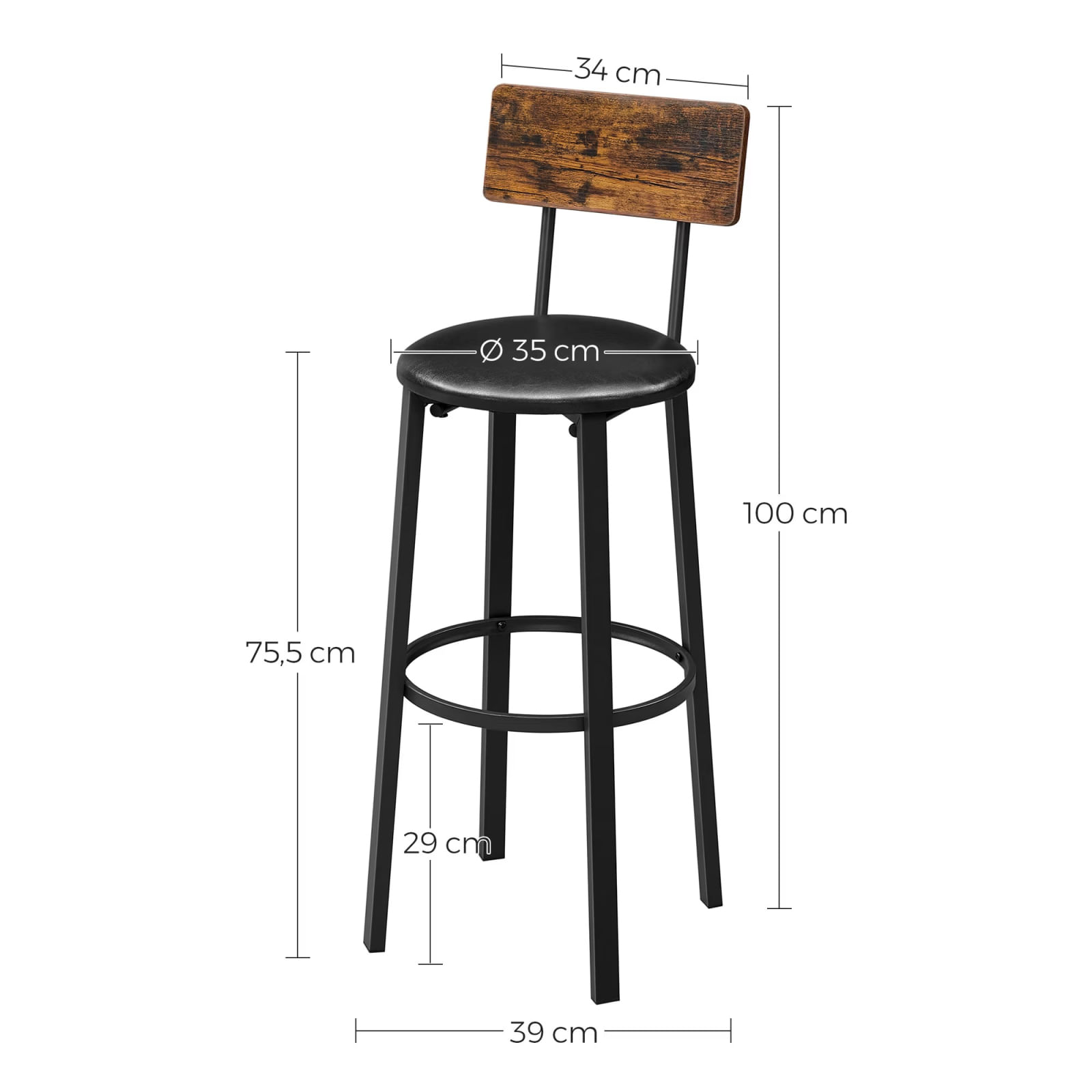 Set 2 scaune de bar cu spatar din PAL, sezut moale tapitat, 39x100x76cm, maro rustic si negru — imaginea 2