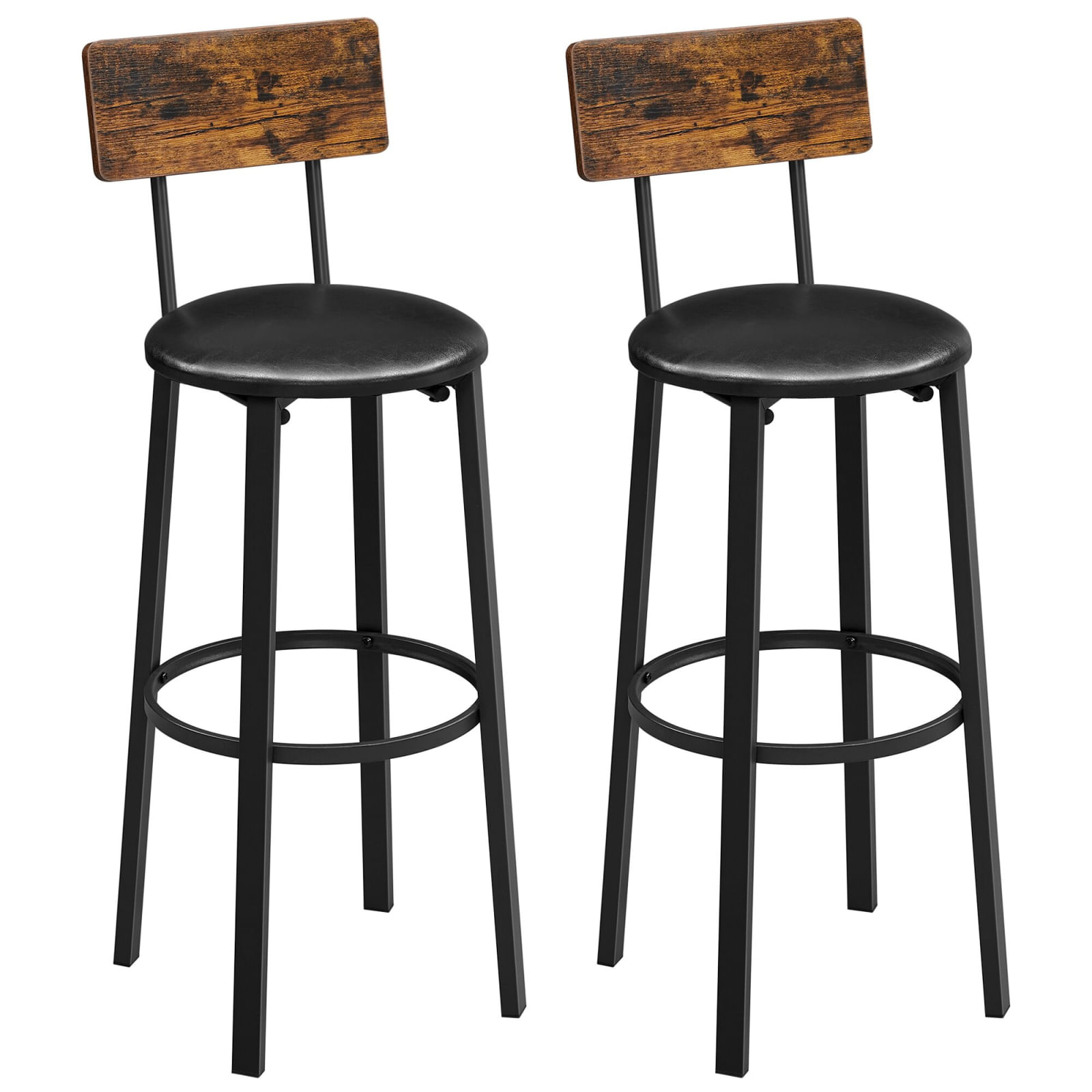 Set 2 scaune de bar cu spatar din PAL, sezut moale tapitat, 39x100x76cm, maro rustic si negru — imaginea 3