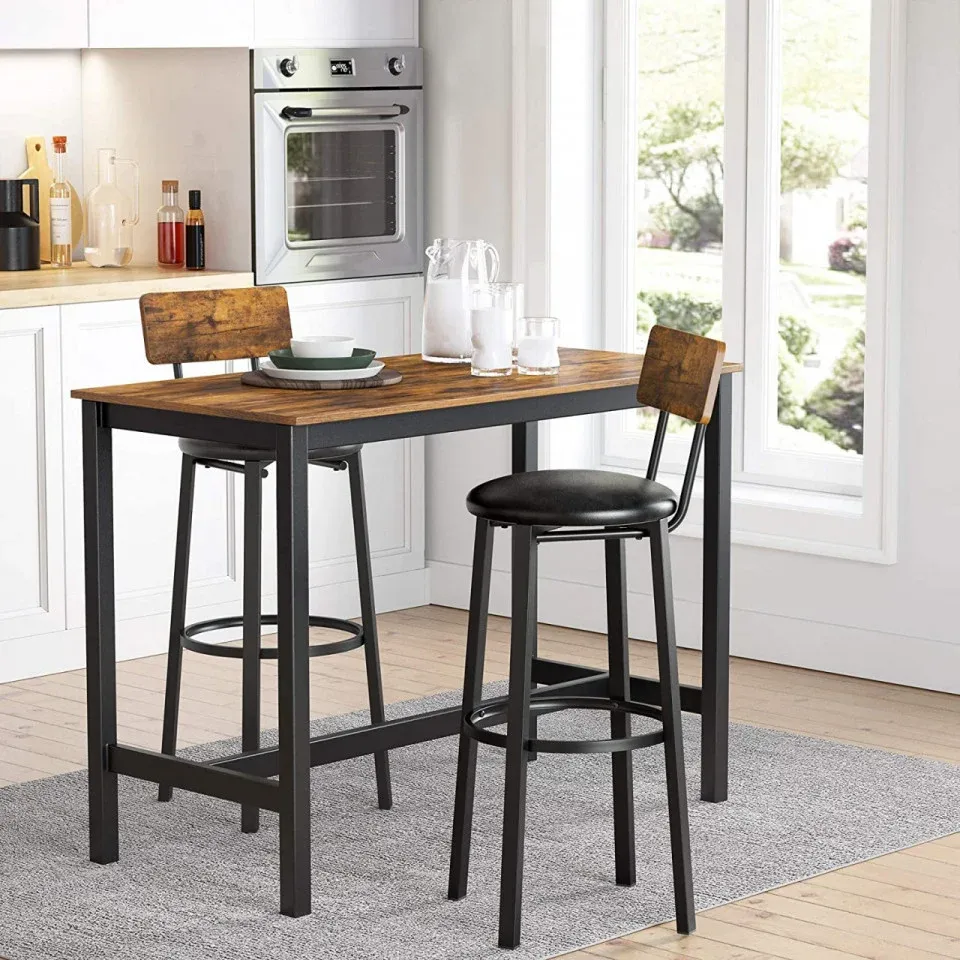 Set 2 scaune de bar cu spatar din PAL, sezut moale tapitat, 39x100x76cm, maro rustic si negru — imaginea 4