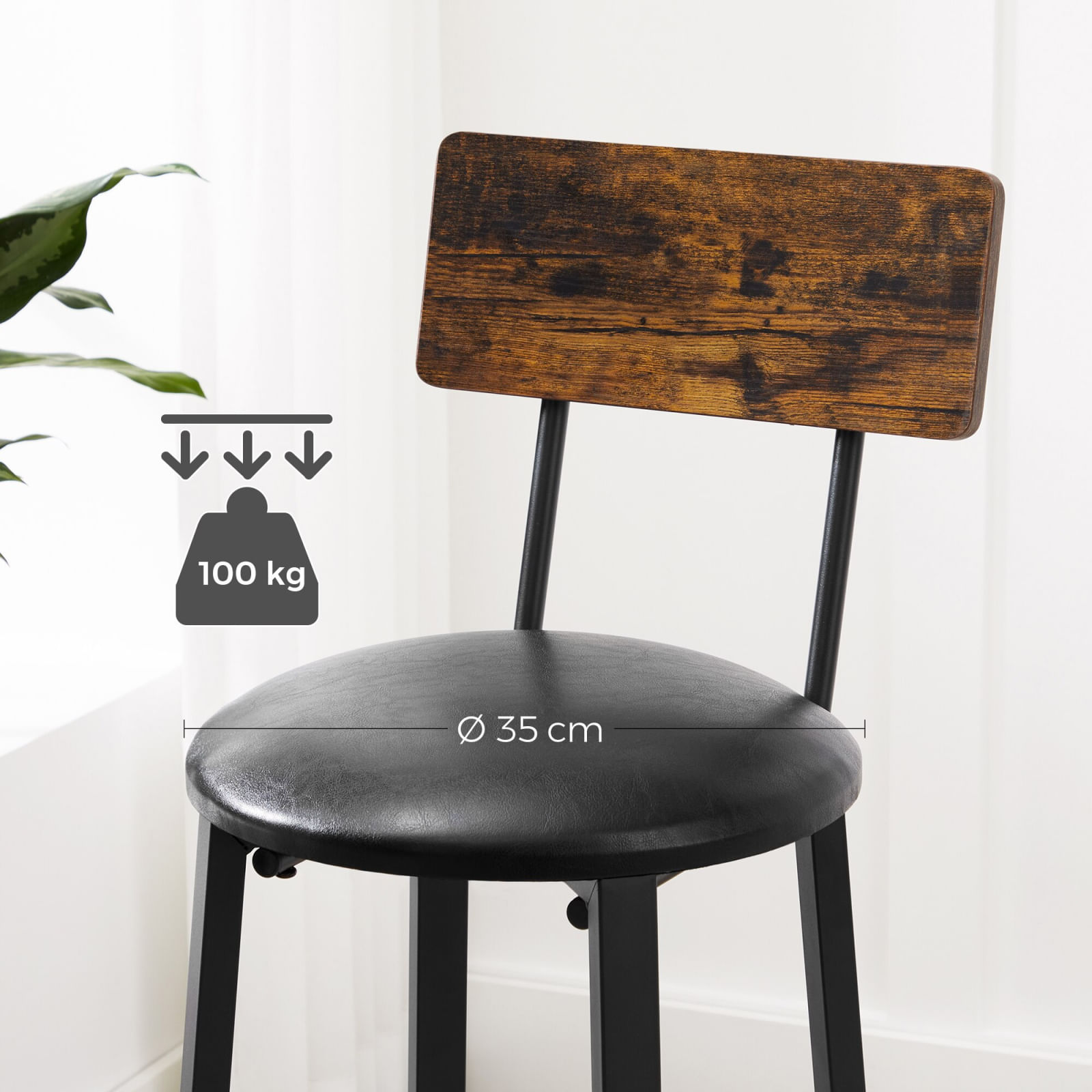 Set 2 scaune de bar cu spatar din PAL, sezut moale tapitat, 39x100x76cm, maro rustic si negru — imaginea 5
