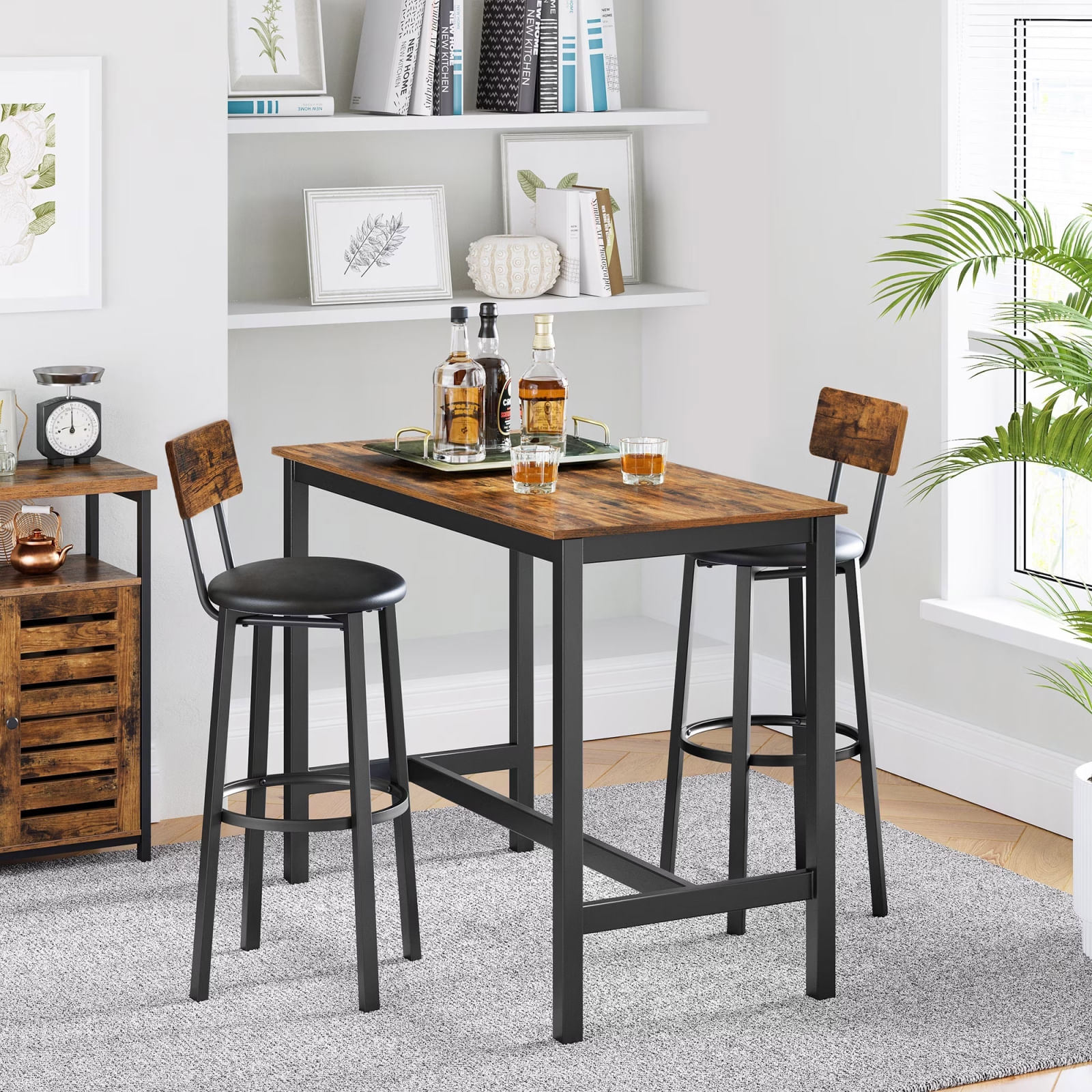Set 2 scaune de bar cu spatar din PAL, sezut moale tapitat, 39x100x76cm, maro rustic si negru — imaginea 6