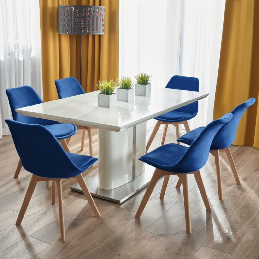 Scaun dining tapitat, BARI, Jumi, din catifea bleumarin si picioare lemn de fag — imaginea 6