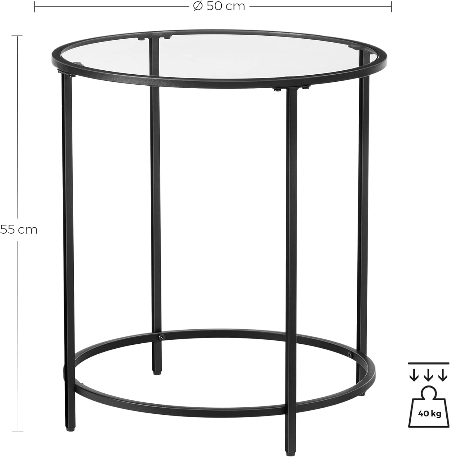 Masa rotunda, din sticla securizata cu cadru de otel, noptiera, 50x50x55cm, negru — imaginea 6