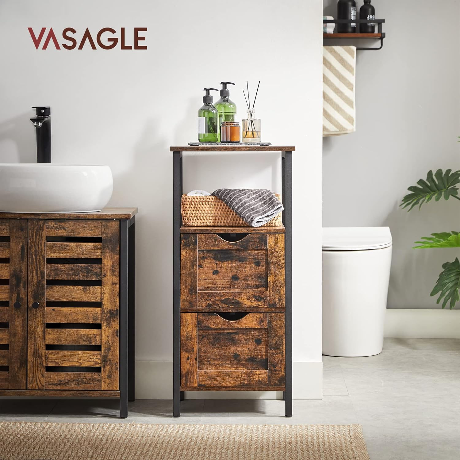 Noptiera inalta, din MDF, cu 2 sertare reglabile, 37x30x80 cm, maro rustic — imaginea 3