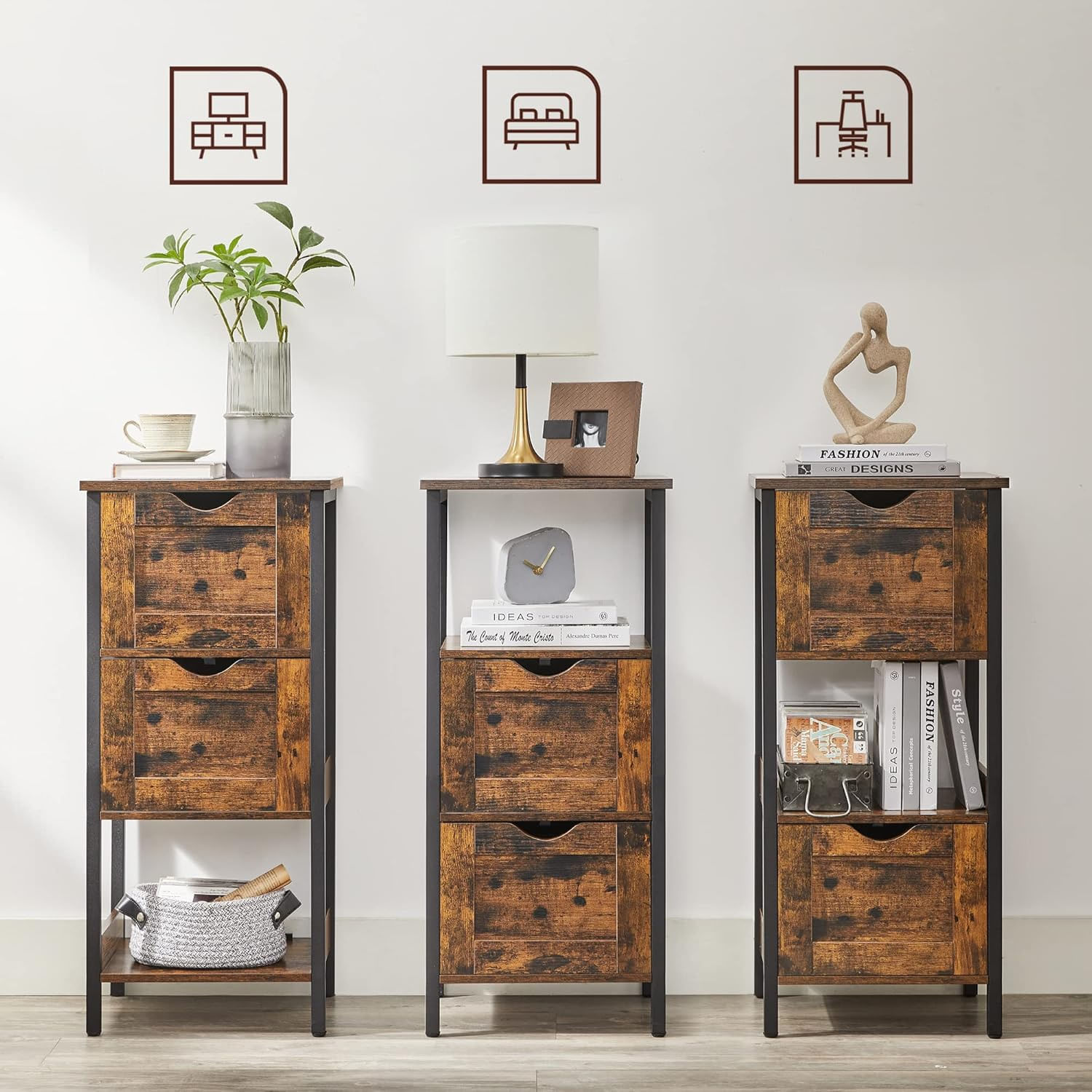 Noptiera inalta, din MDF, cu 2 sertare reglabile, 37x30x80 cm, maro rustic — imaginea 4