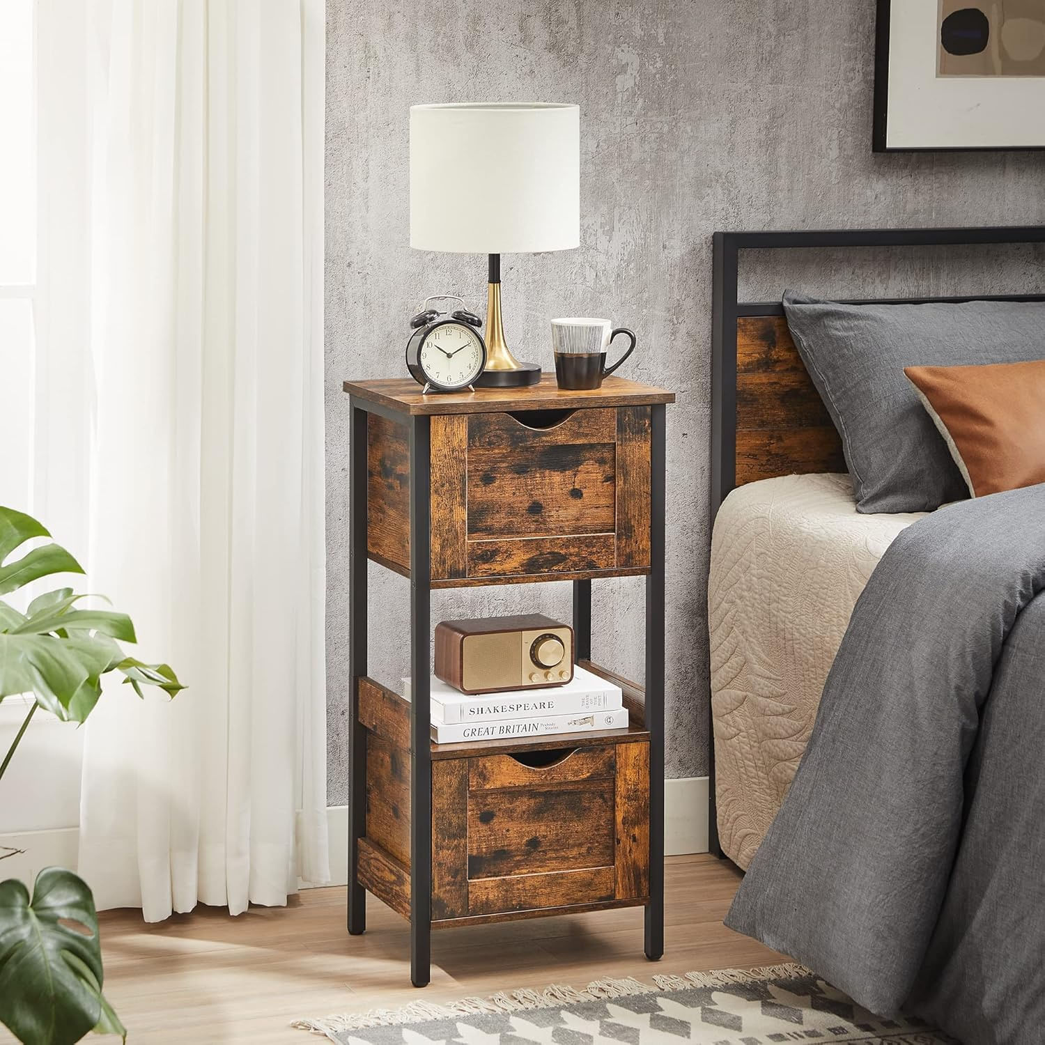 Noptiera inalta, din MDF, cu 2 sertare reglabile, 37x30x80 cm, maro rustic — imaginea 5