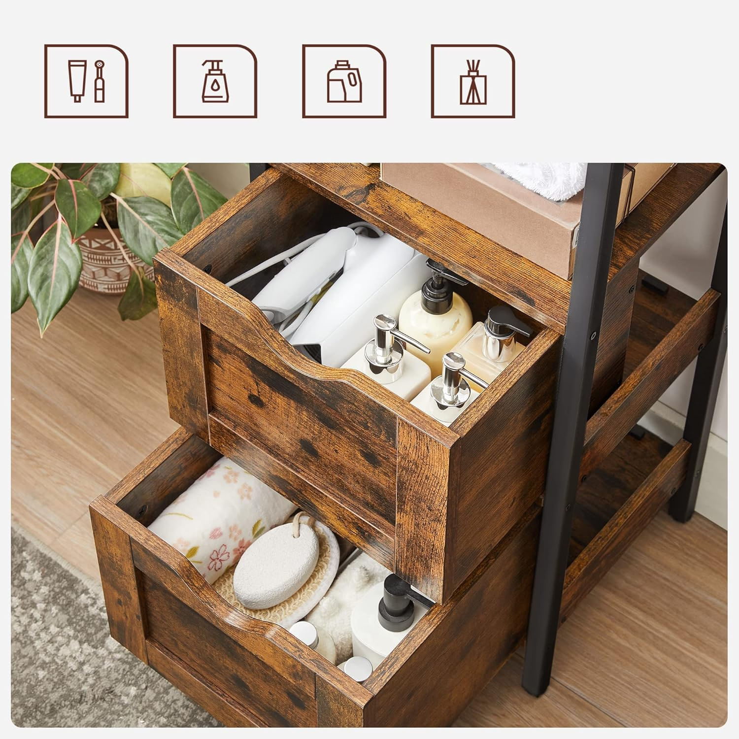 Noptiera inalta, din MDF, cu 2 sertare reglabile, 37x30x80 cm, maro rustic — imaginea 7
