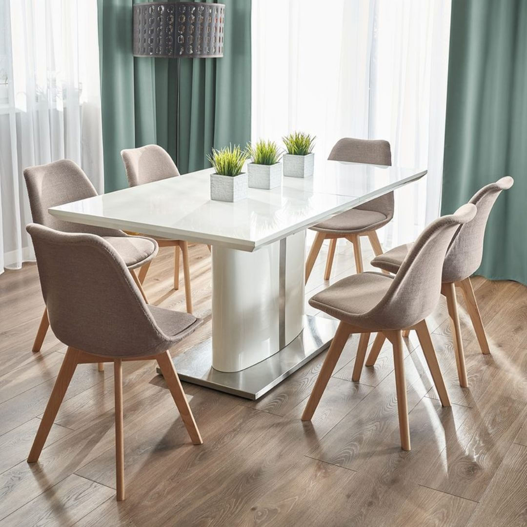 Scaun dining tapitat, ALTA, Jumi, din tesatura bej si picioare lemn de fag — imaginea 11