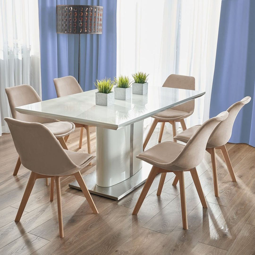 Scaun dining tapitat, BARI, Jumi, din catifea bej si picioare lemn de fag — imaginea 8