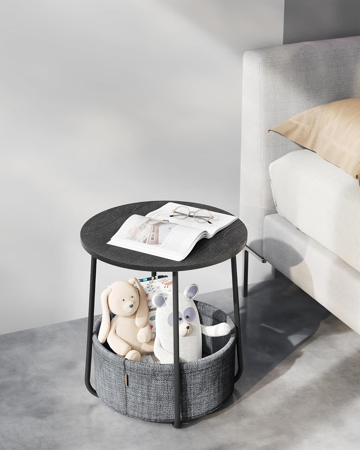 Masuta de cafea rotunda cu cos de stofa, stil modern, 45x50cm, negru-gri — imaginea 2