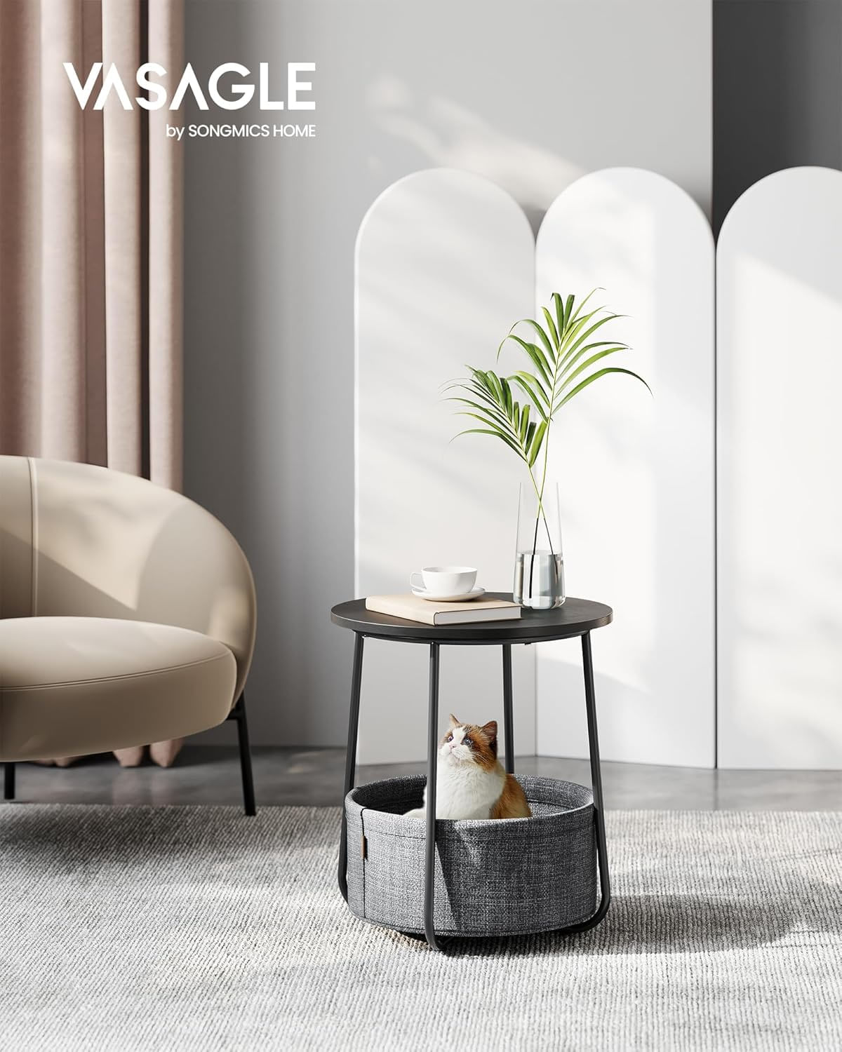 Masuta de cafea rotunda cu cos de stofa, stil modern, 45x50cm, negru-gri — imaginea 3