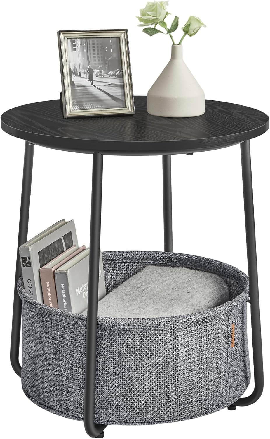 Masuta de cafea rotunda cu cos de stofa, stil modern, 45x50cm, negru-gri — imaginea 5