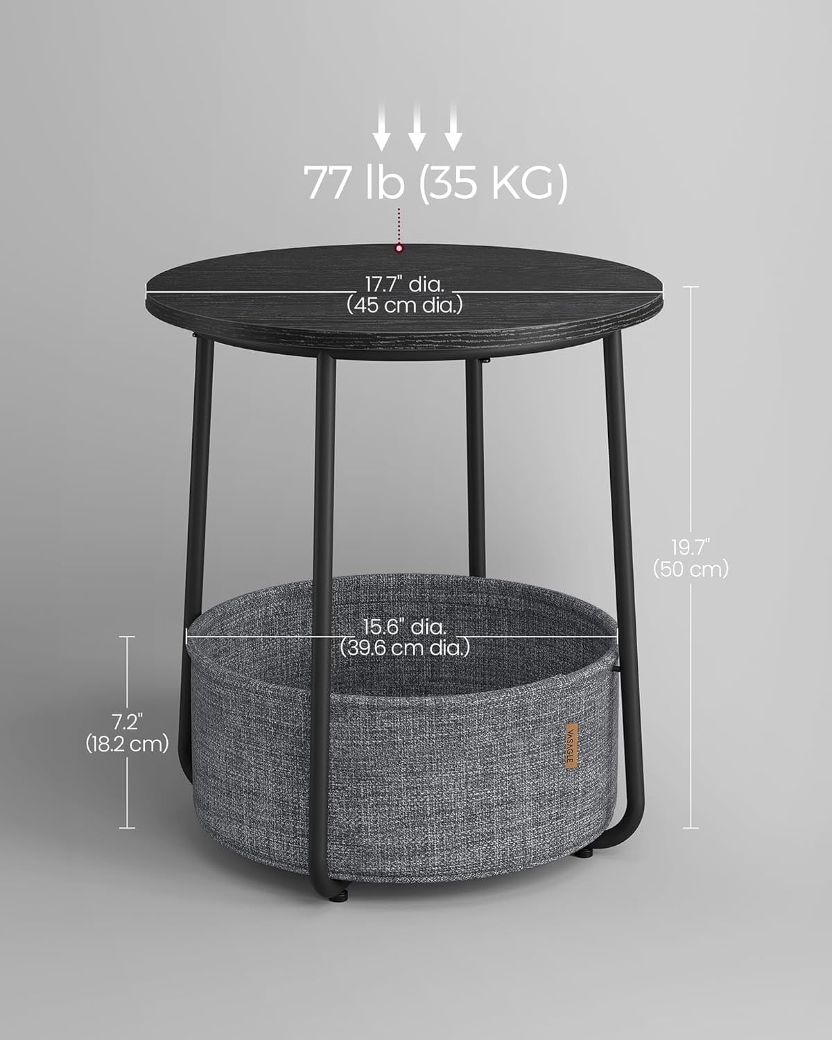 Masuta de cafea rotunda cu cos de stofa, stil modern, 45x50cm, negru-gri — imaginea 7