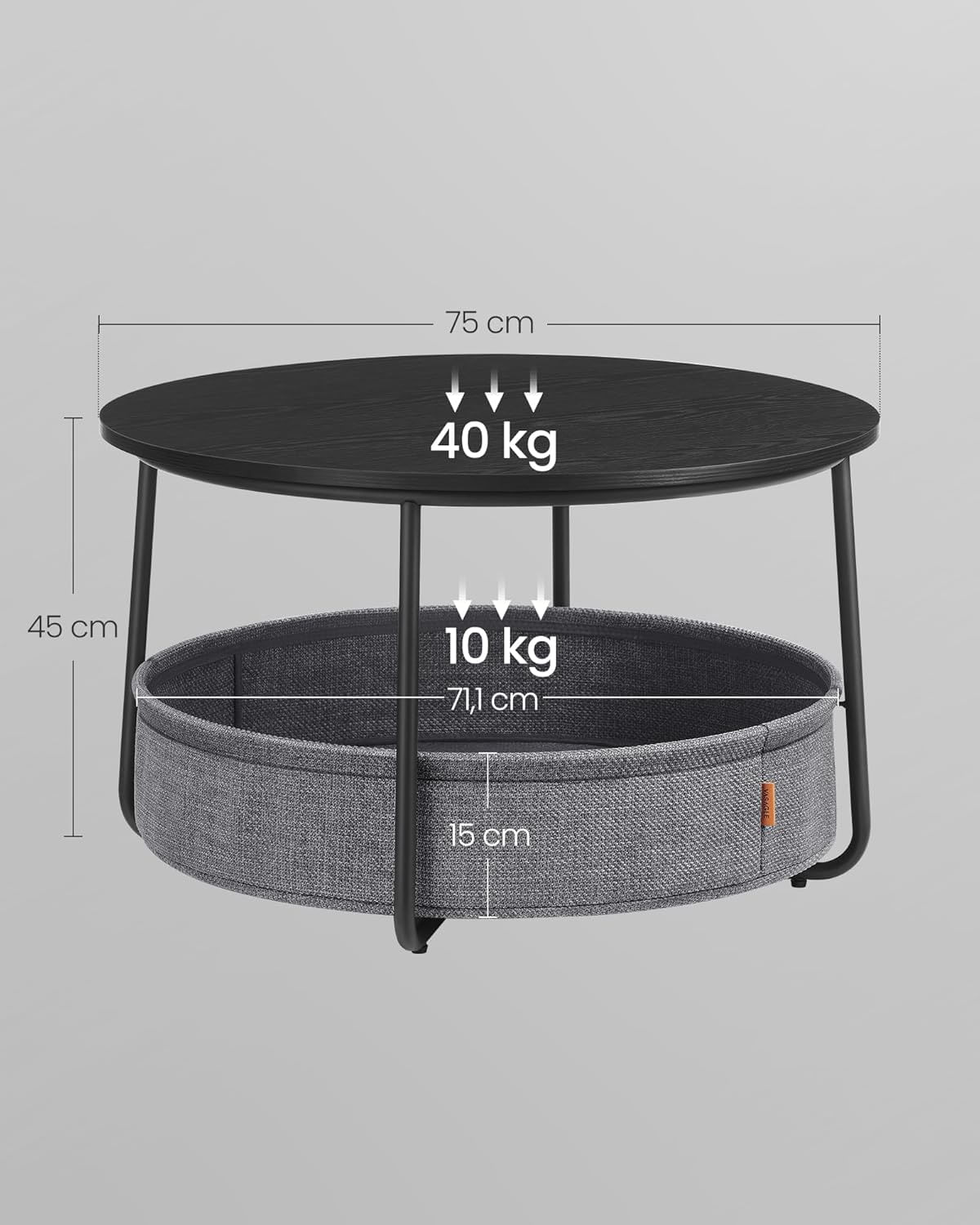 Masuta de cafea rotunda cu cos de stofa, stil modern, 45x75cm, negru cu gri — imaginea 2