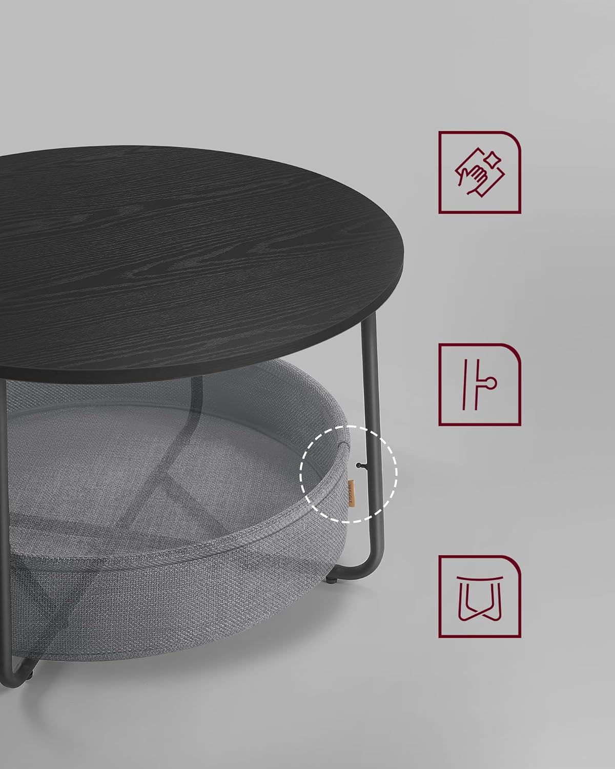 Masuta de cafea rotunda cu cos de stofa, stil modern, 45x75cm, negru cu gri — imaginea 3