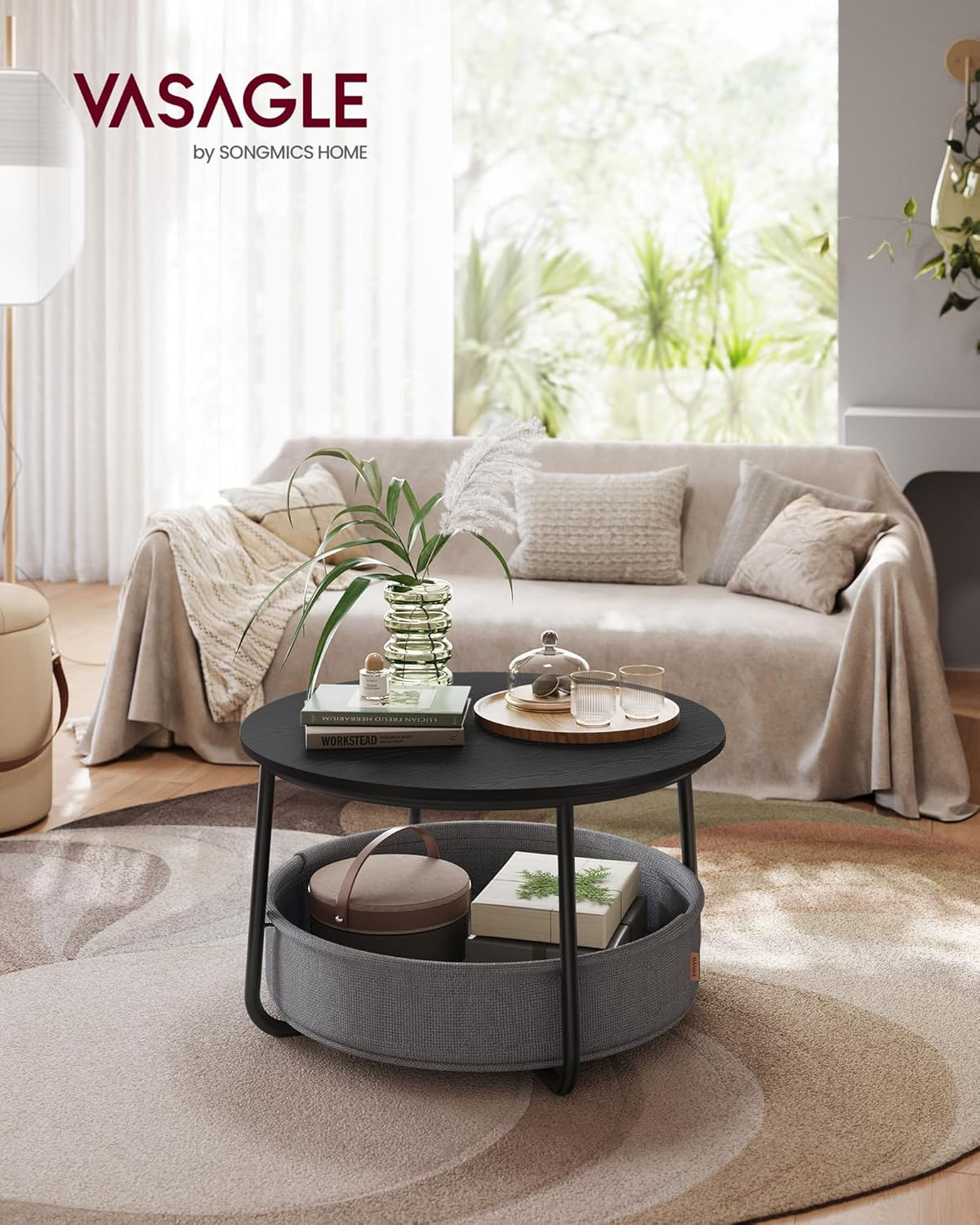 Masuta de cafea rotunda cu cos de stofa, stil modern, 45x75cm, negru cu gri — imaginea 4