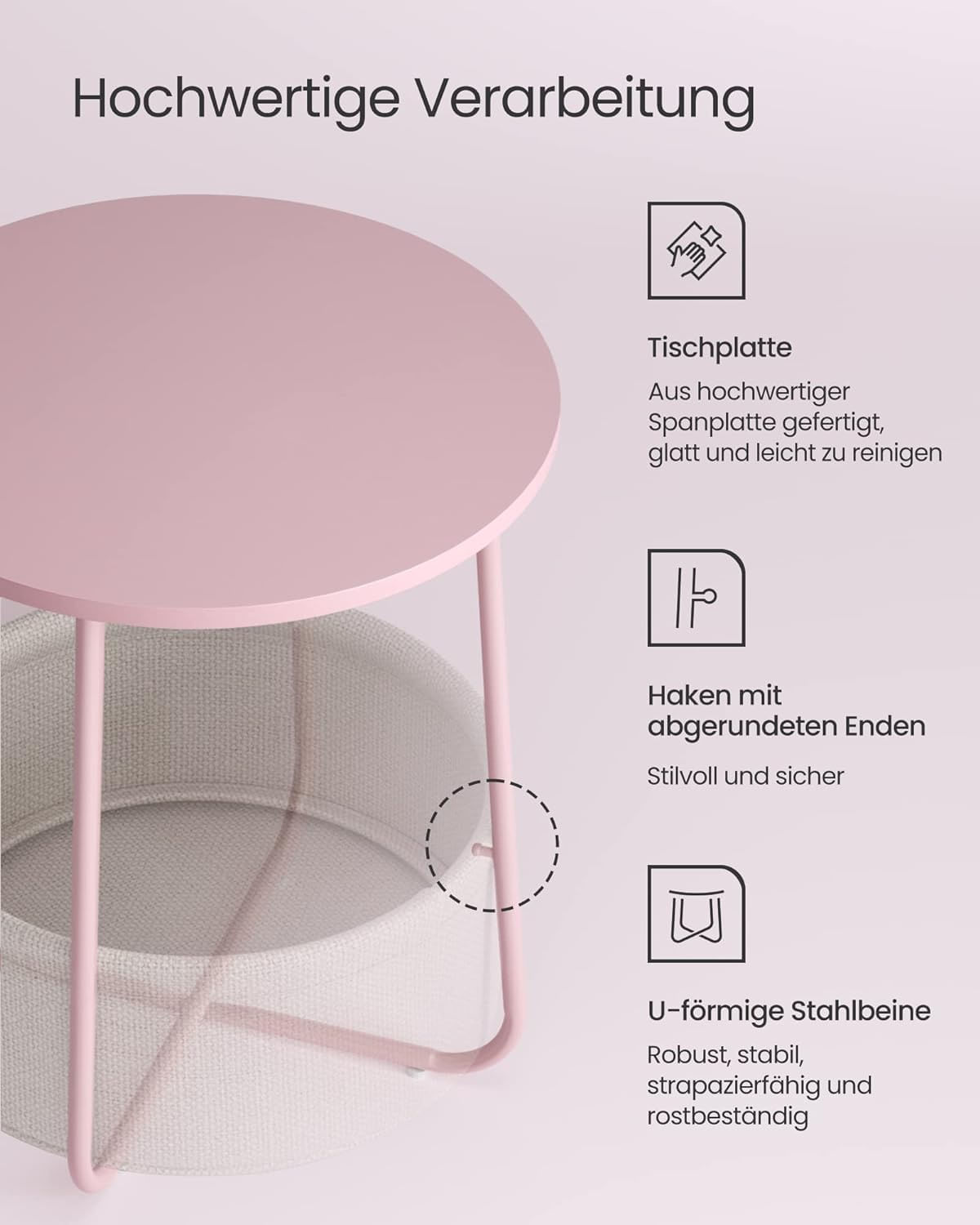 Masuta de cafea rotunda cu cos de stofa, stil modern, 45x50cm, roz cu bej — imaginea 8