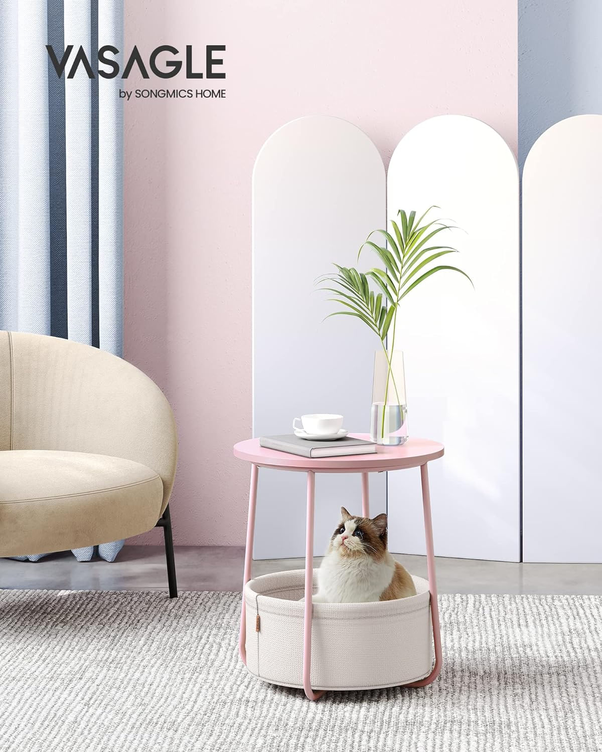 Masuta de cafea rotunda cu cos de stofa, stil modern, 45x50cm, roz cu bej — imaginea 11