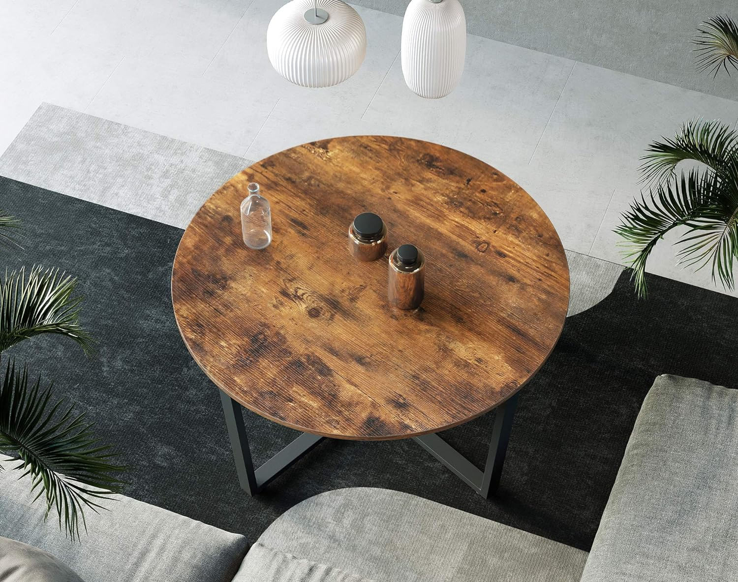 Masa de cafea rotunda, stil industrial, cadru metalic si blat lemn, 88x88x47cm, maro rustic si negru — imaginea 2