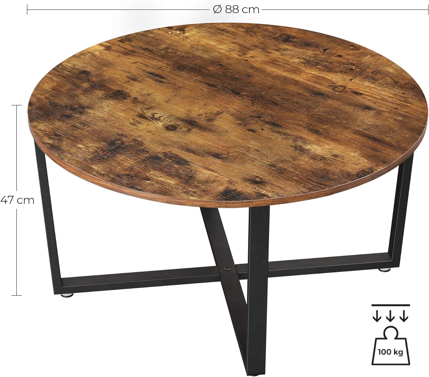 Masa de cafea rotunda, stil industrial, cadru metalic si blat lemn, 88x88x47cm, maro rustic si negru — imaginea 4