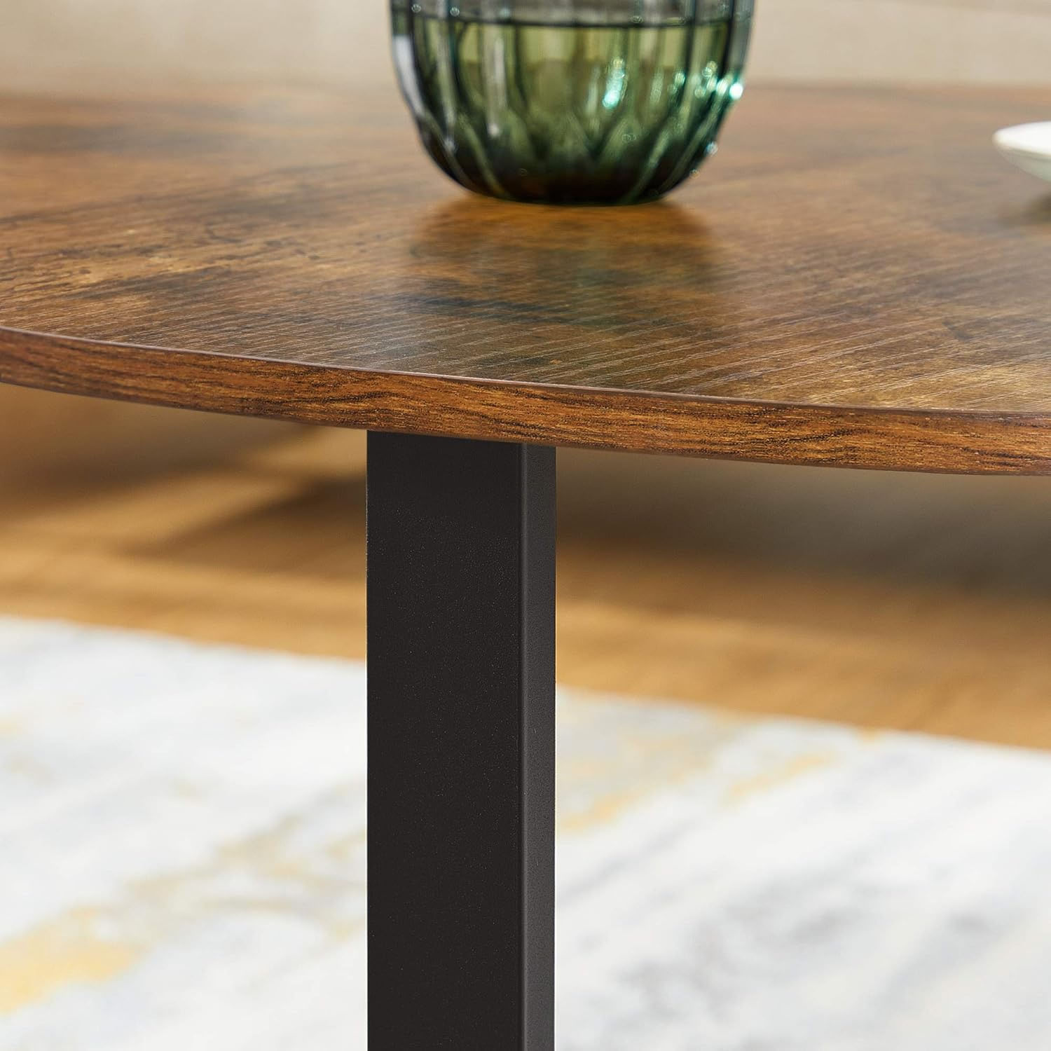Masa de cafea rotunda, stil industrial, cadru metalic si blat lemn, 88x88x47cm, maro rustic si negru — imaginea 6