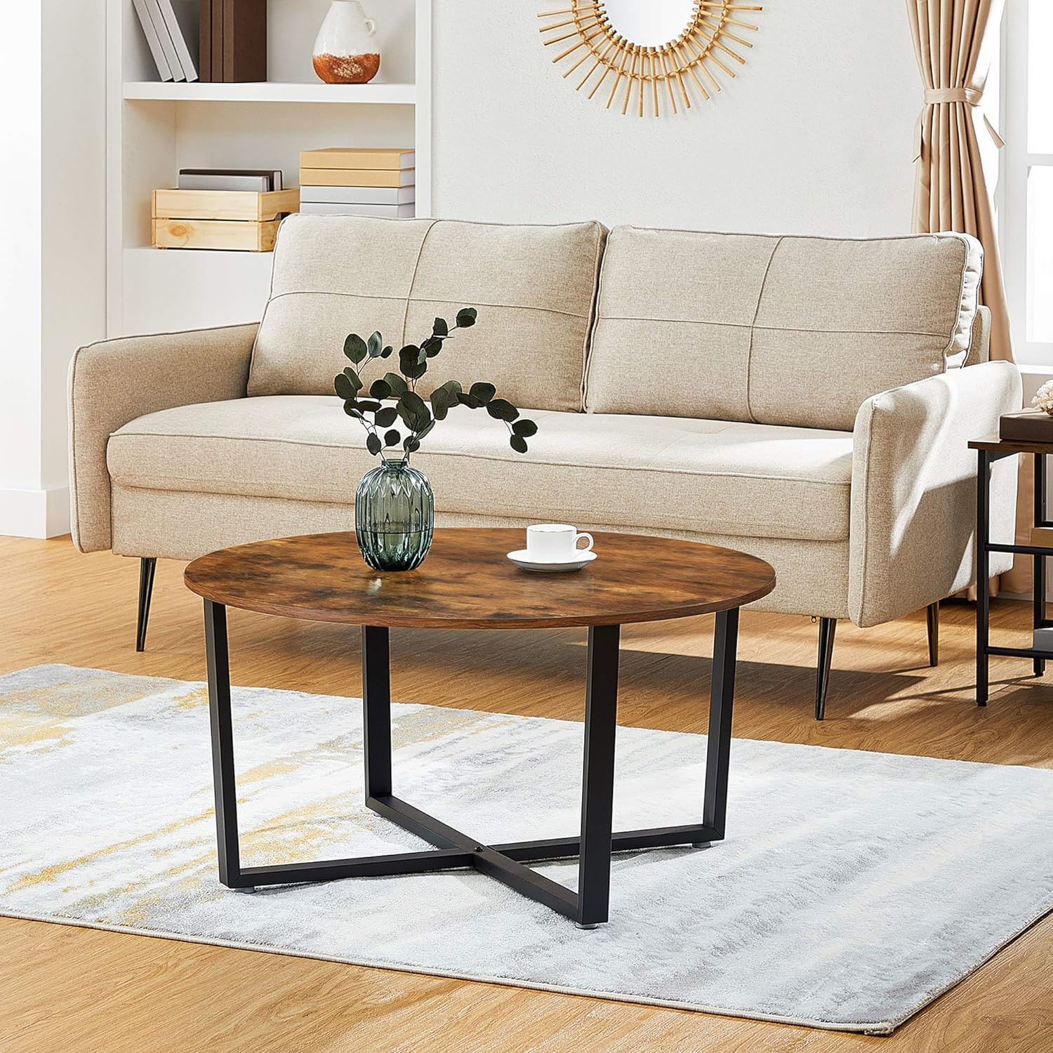 Masa de cafea rotunda, stil industrial, cadru metalic si blat lemn, 88x88x47cm, maro rustic si negru — imaginea 8