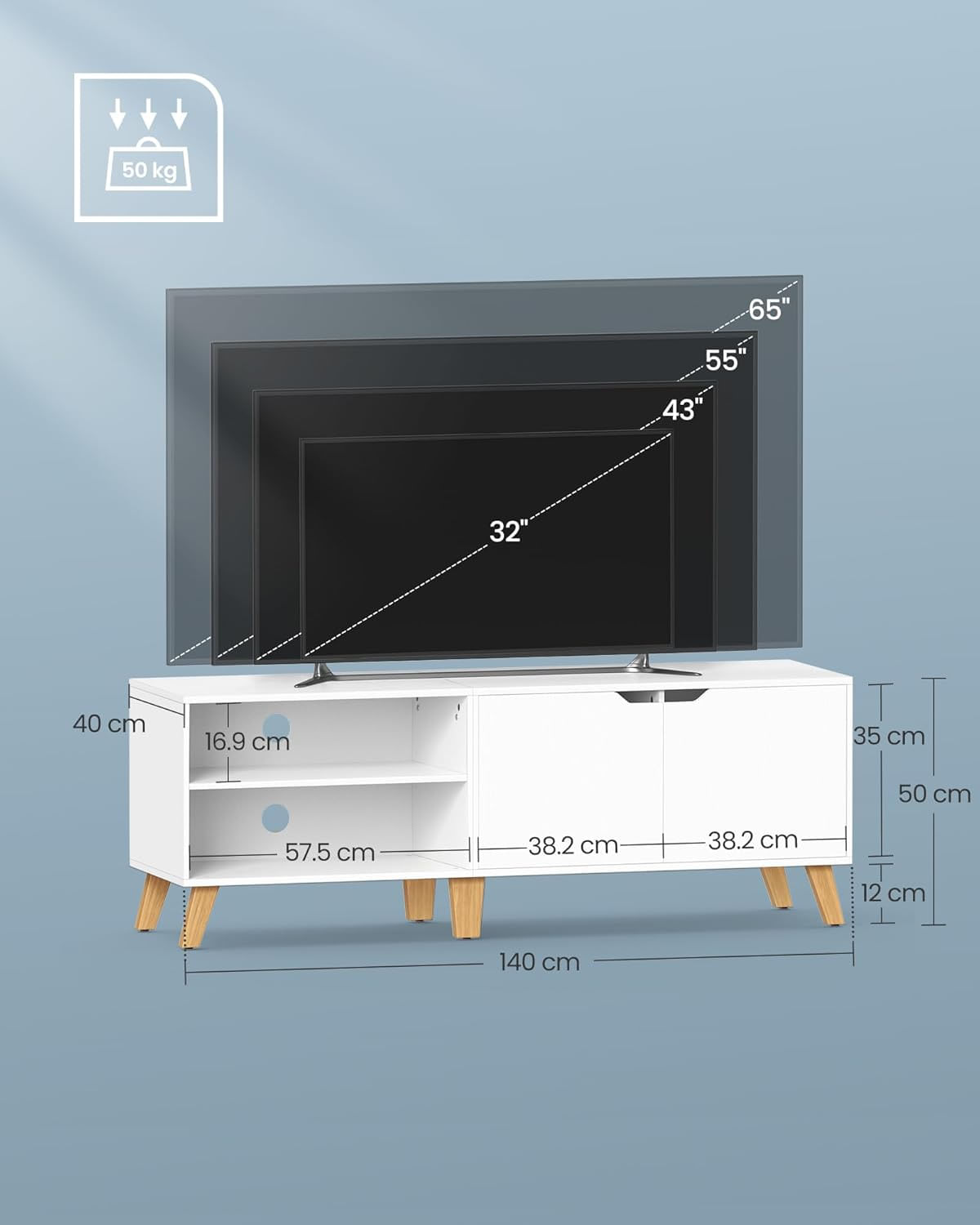 Comoda pentru TV de pana la 65 inch, cu 2 usi si raft reglabil, 40x140x50 cm, alb — imaginea 2
