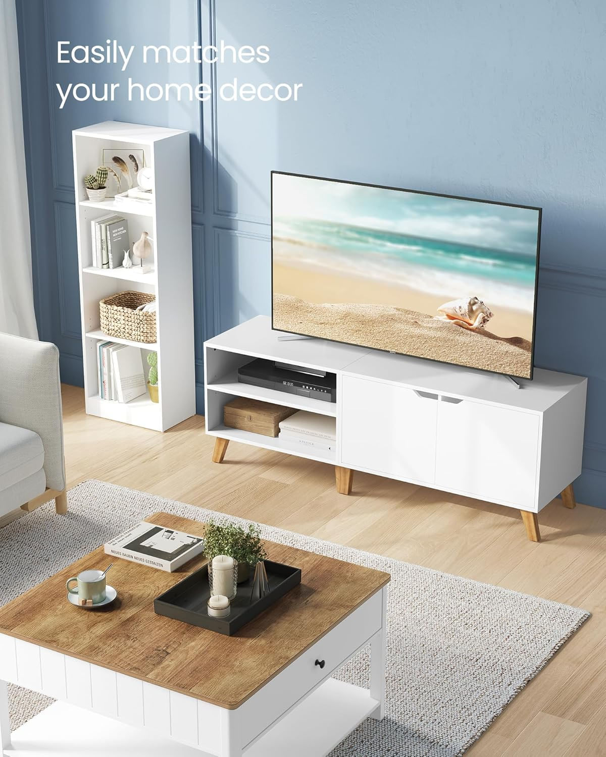 Comoda pentru TV de pana la 65 inch, cu 2 usi si raft reglabil, 40x140x50 cm, alb — imaginea 5