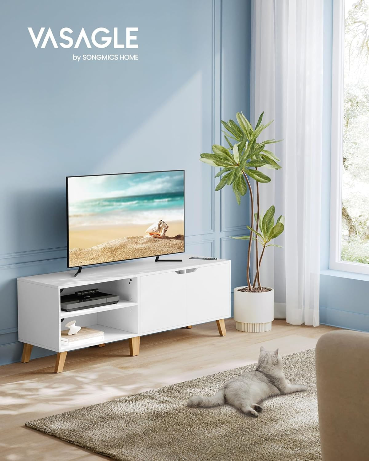 Comoda pentru TV de pana la 65 inch, cu 2 usi si raft reglabil, 40x140x50 cm, alb — imaginea 8