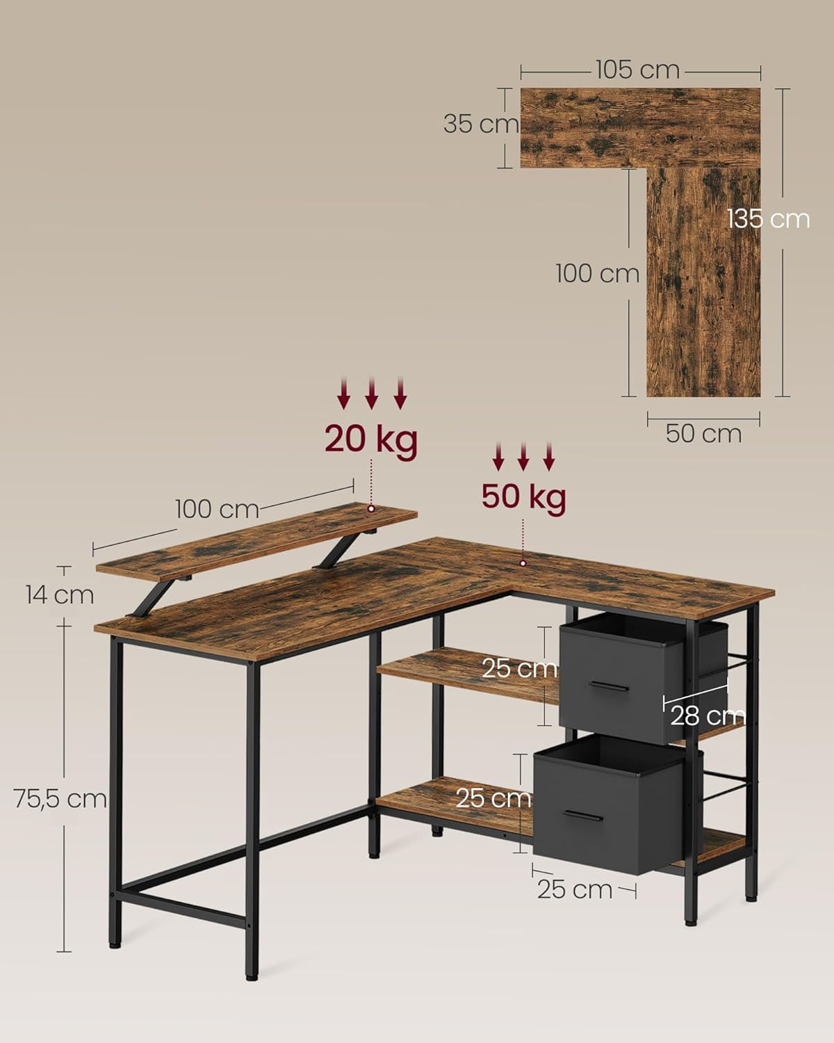 Birou in forma de L, suport monitor, 2 rafturi si 2 sertare, 105x135x76 cm, maro rustic — imaginea 5