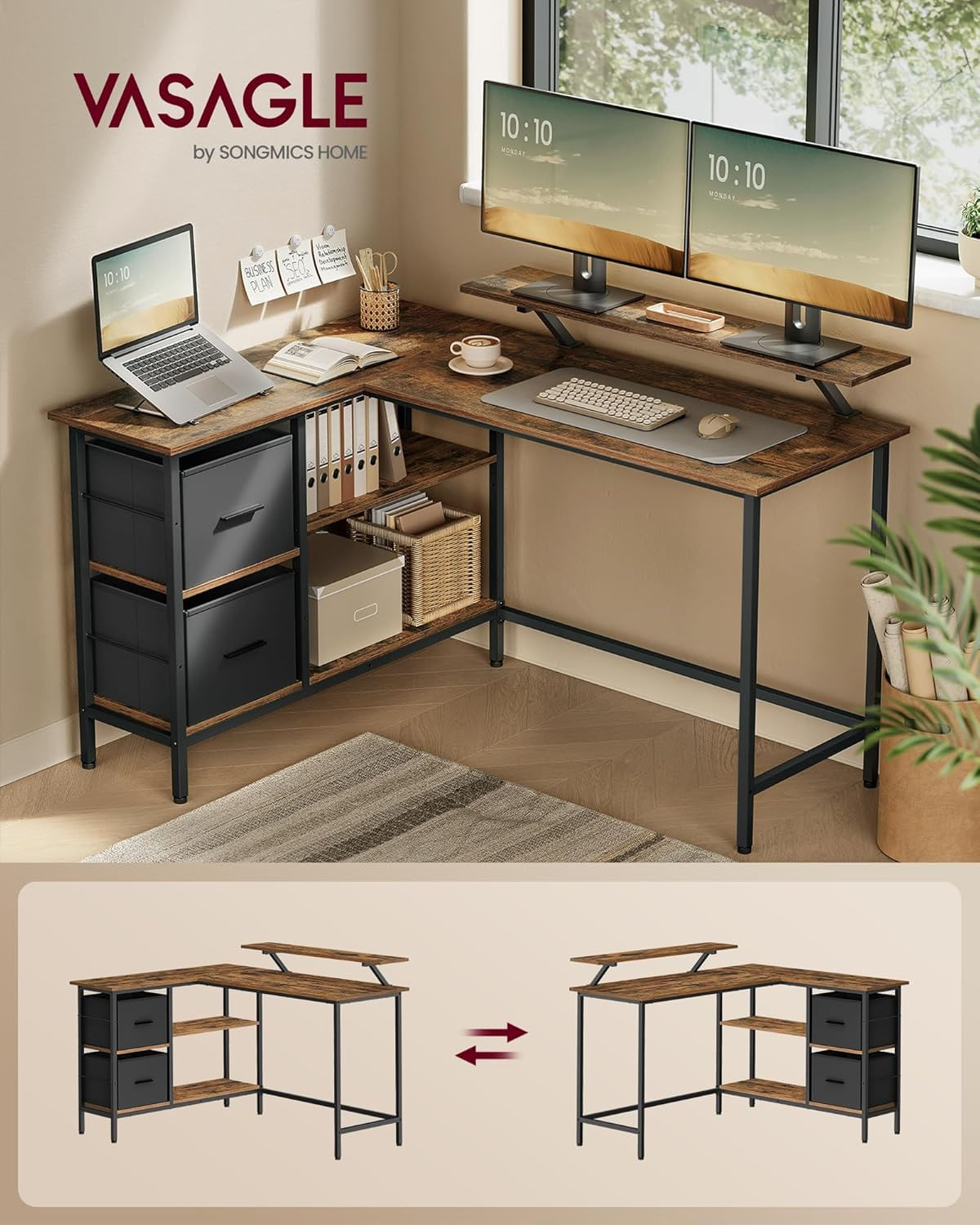 Birou in forma de L, suport monitor, 2 rafturi si 2 sertare, 105x135x76 cm, maro rustic — imaginea 7