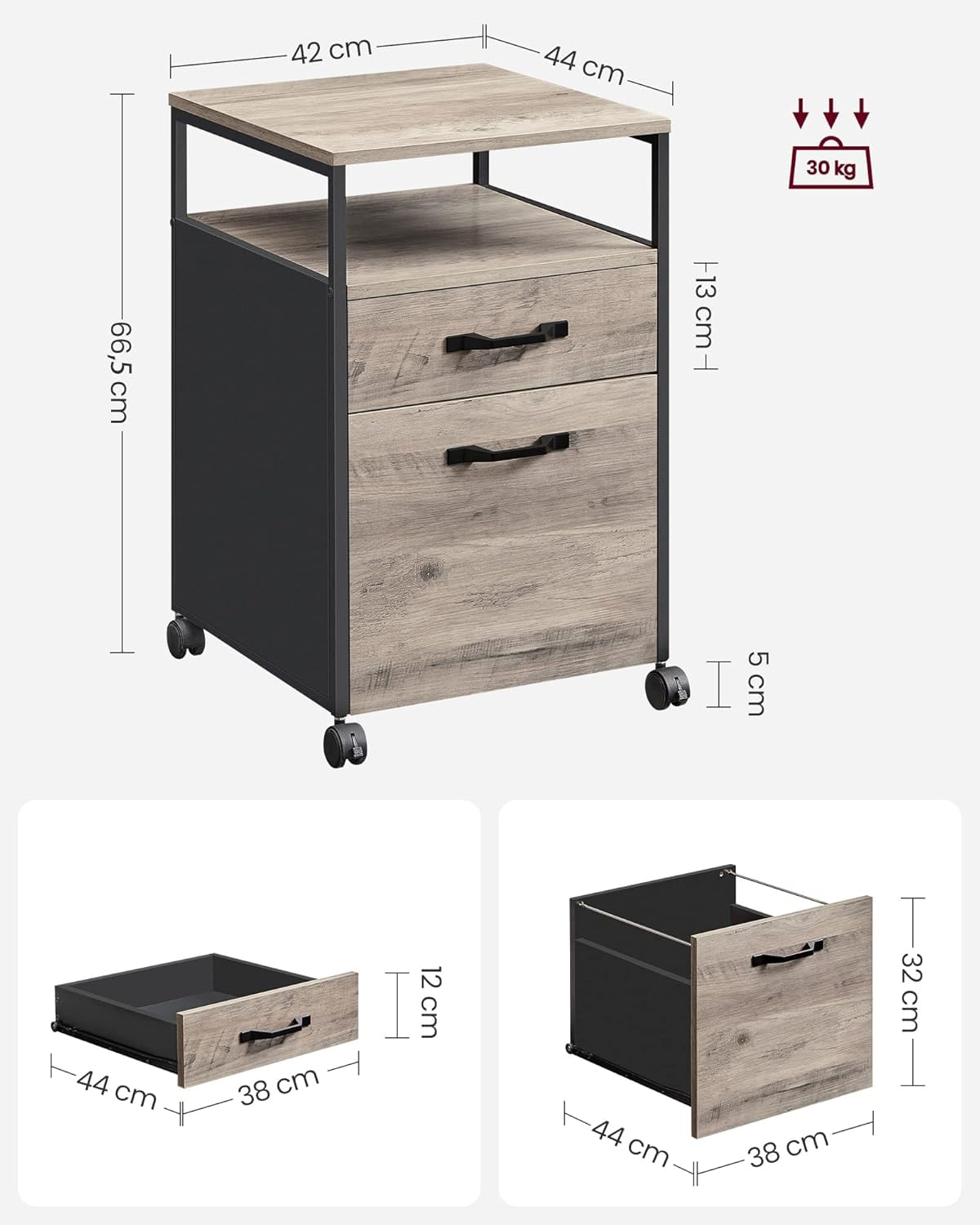 Dulap mobil 42x44x69 cm, cu 2 sertare si roti cu frana, compartiment deschis si suport dosare, PAL si otel, gri si negru — imaginea 7