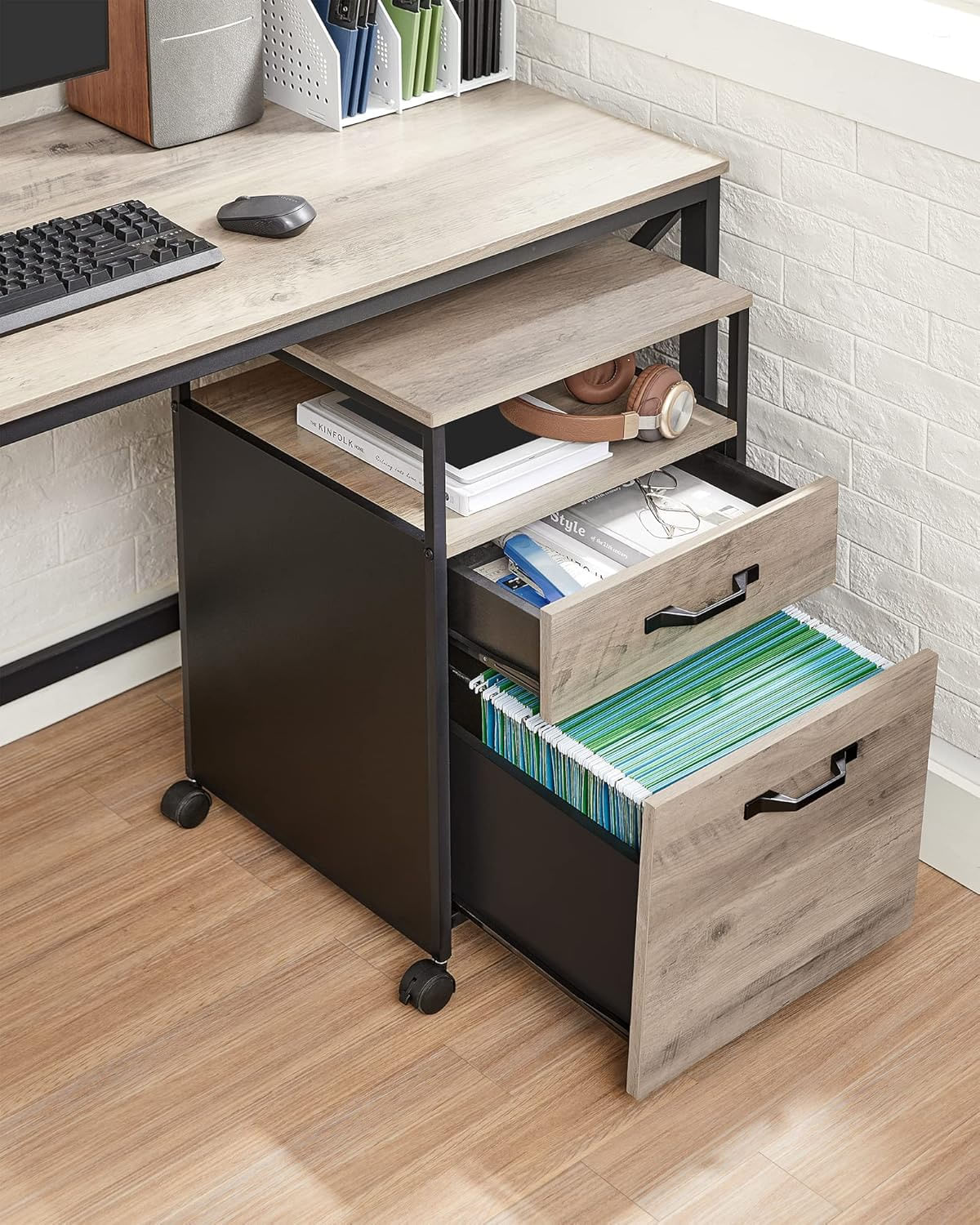 Dulap mobil 42x44x69 cm, cu 2 sertare si roti cu frana, compartiment deschis si suport dosare, PAL si otel, gri si negru — imaginea 9