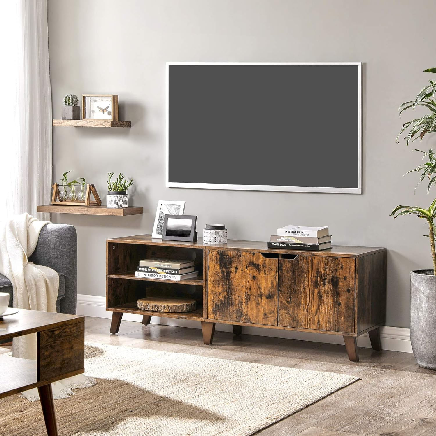 Comoda pentru TV, cu 2 usi si 2 rafturi deschise, 40x140x50cm, maro rustic — imaginea 6