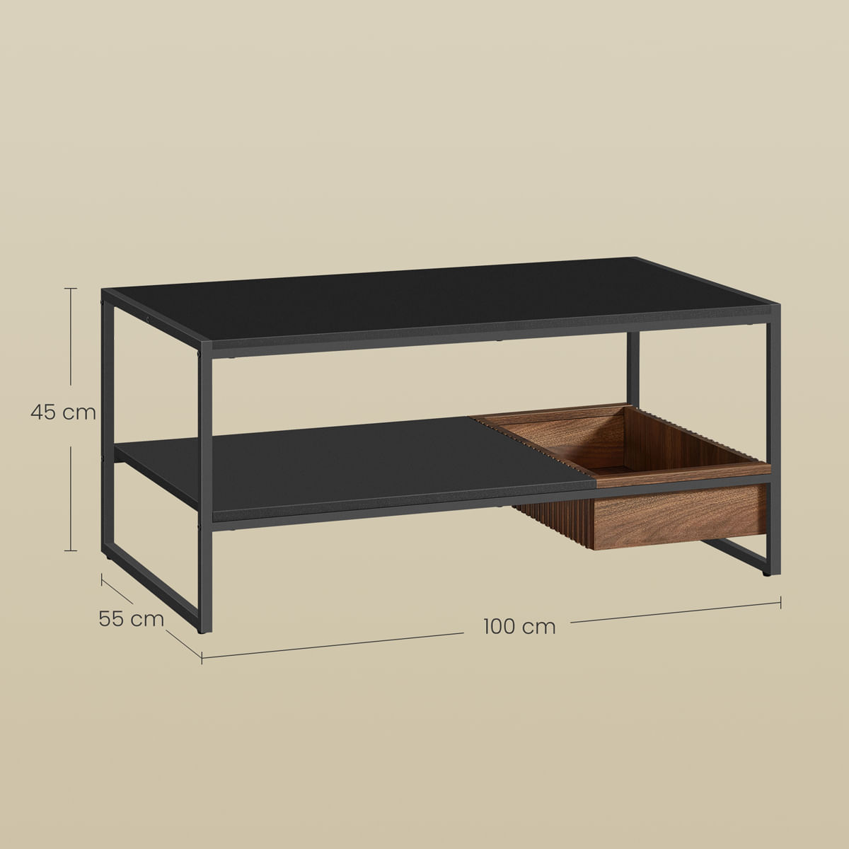 Masuta cafea cu sertar si raft inferior, structura otel, 100x55x45 cm, negru — imaginea 2