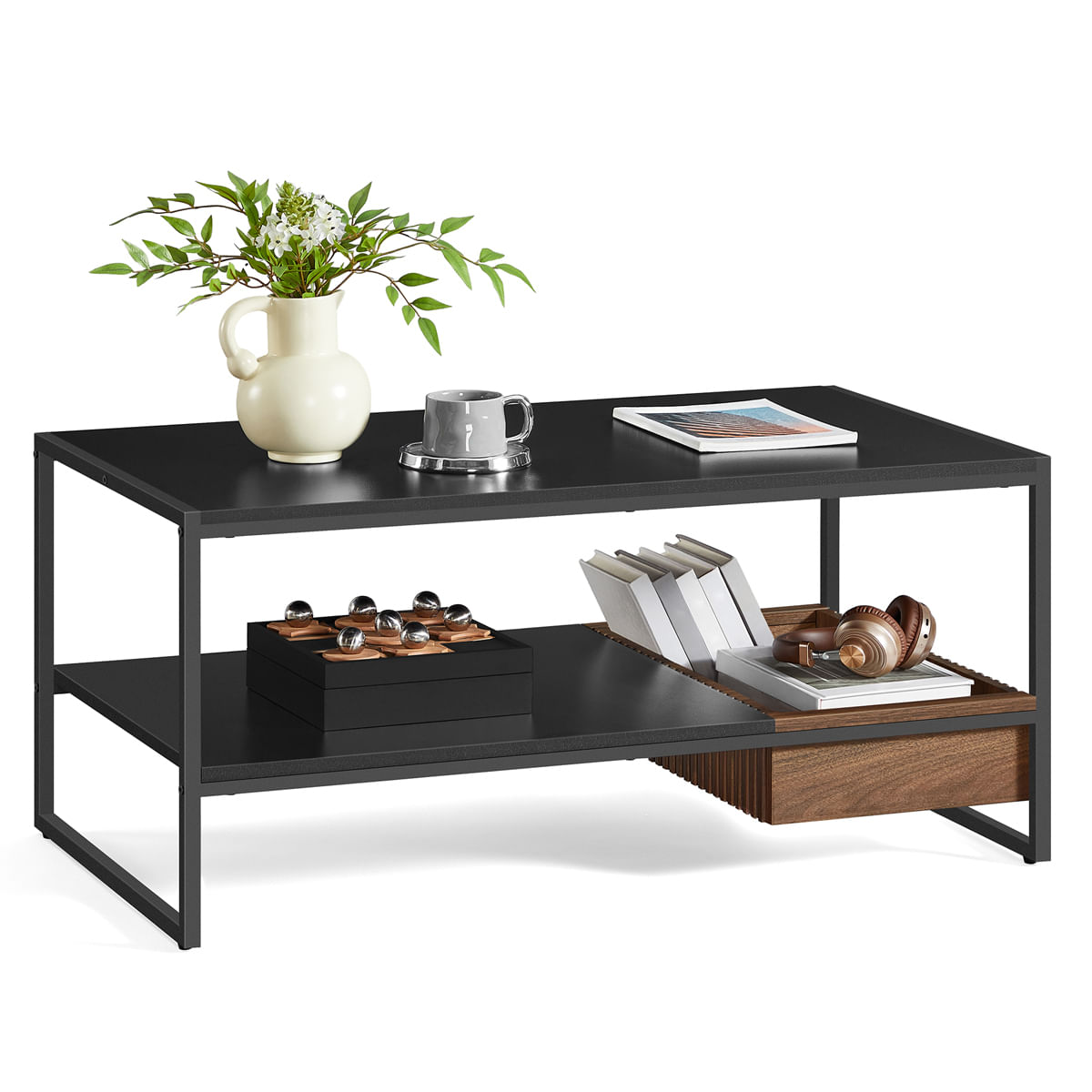 Masuta cafea cu sertar si raft inferior, structura otel, 100x55x45 cm, negru — imaginea 3