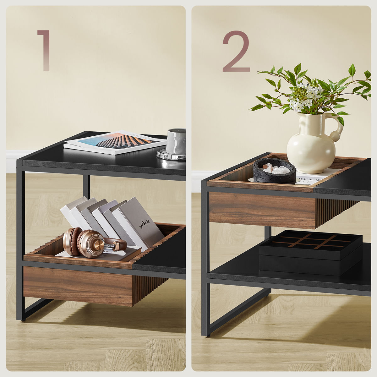 Masuta cafea cu sertar si raft inferior, structura otel, 100x55x45 cm, negru — imaginea 4