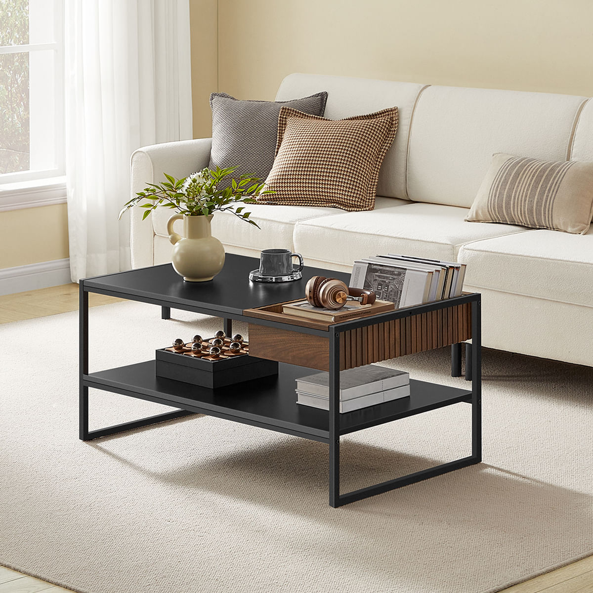 Masuta cafea cu sertar si raft inferior, structura otel, 100x55x45 cm, negru — imaginea 5